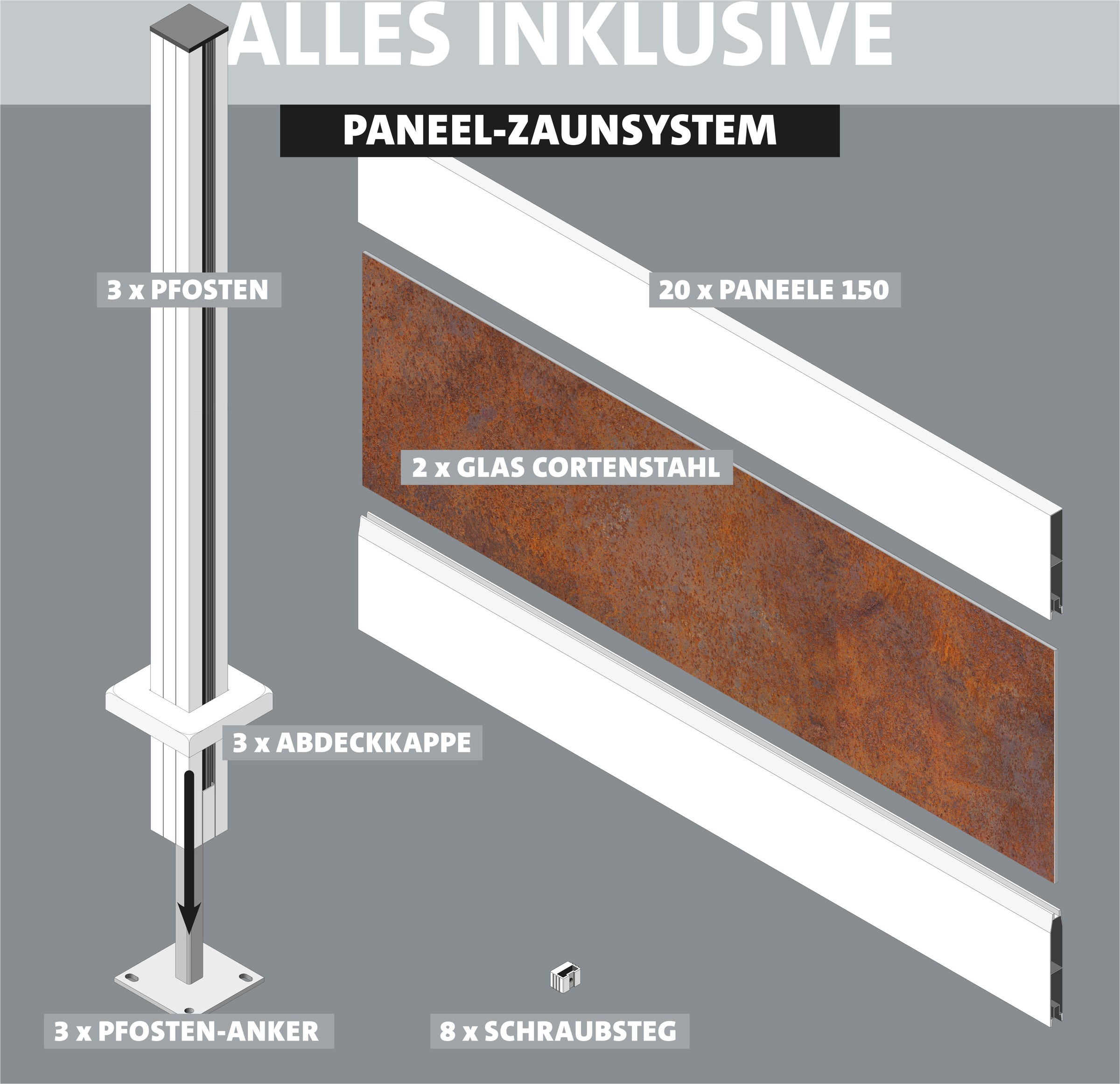 STAKET PRO Gartenzaun »Komplettzaun Paneel 150«, LxH: 368,4x187 cm, 2 Elemente á 180 cm Breite + Cortenstahl