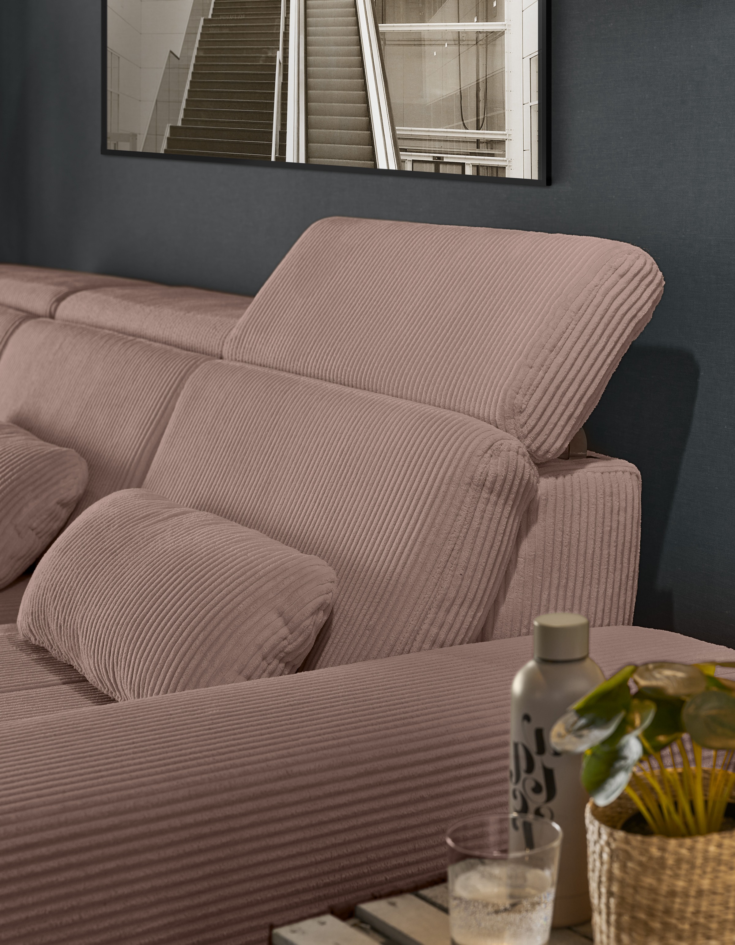 set one by Musterring Ecksofa »SO 3400 Sitzhöhe 47cm oder 49cm, Sitztiefe verstellbar, B/T: 307/195cm«, whlw. mit Funktion, Kaltschaum, in Cord, rose, Sitzhöhe 47