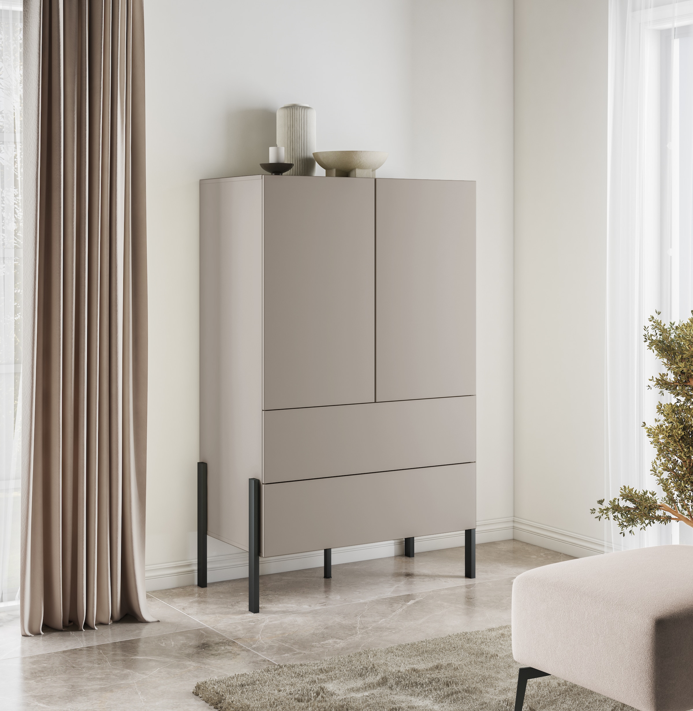 INOSIGN Wäscheschrank »Jukon, moderner griffloser Kleiderschrank, Metallfüsse, Made in Europe«, (90x150x50, ideal für kleine Räume oder Nischen), Mehrzweckschrank,2 Schubladen, 2 Türen, FSC-zertifiziert