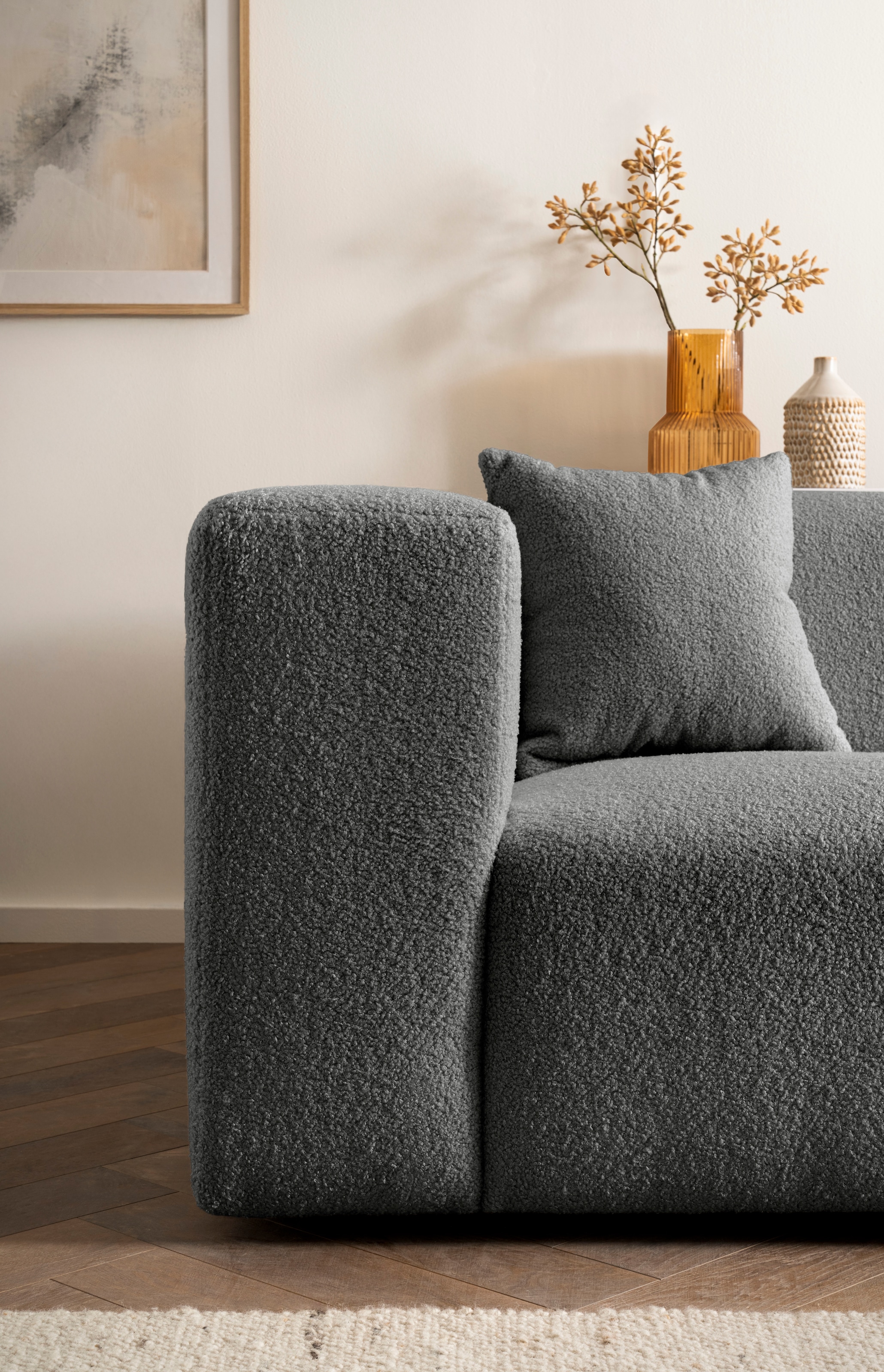 andas Ecksofa »BAKELS, L-Form in Cord oder Boucle-Stoff, moderne Couch«, wahlweise Recamiere rechts/links, bequemer Sitzkomfort