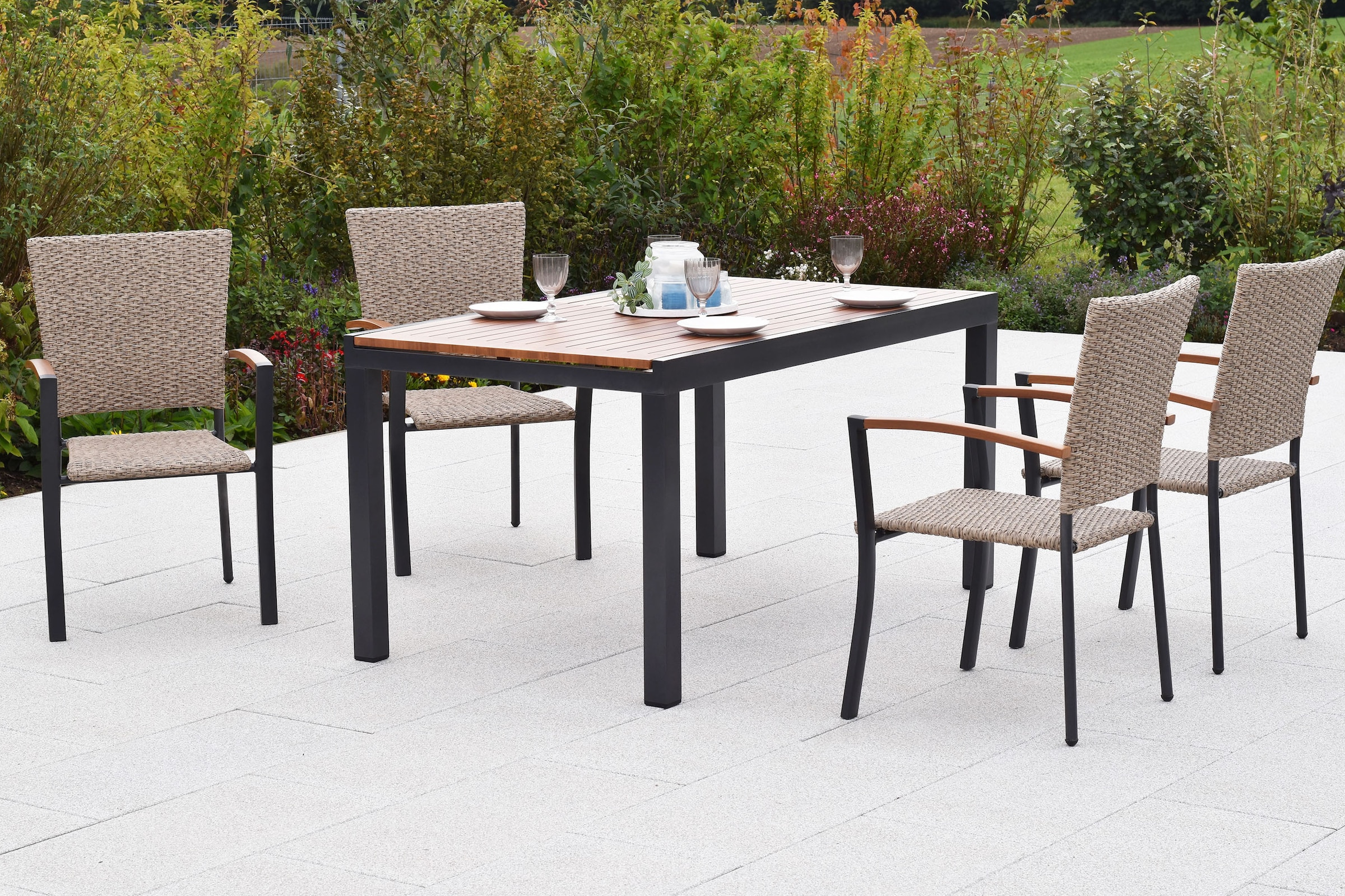 MERXX Garten-Essgruppe »»Teramo««, (Set, 5 tlg.), folierte Applikationen und Tischplatte in Holzoptik