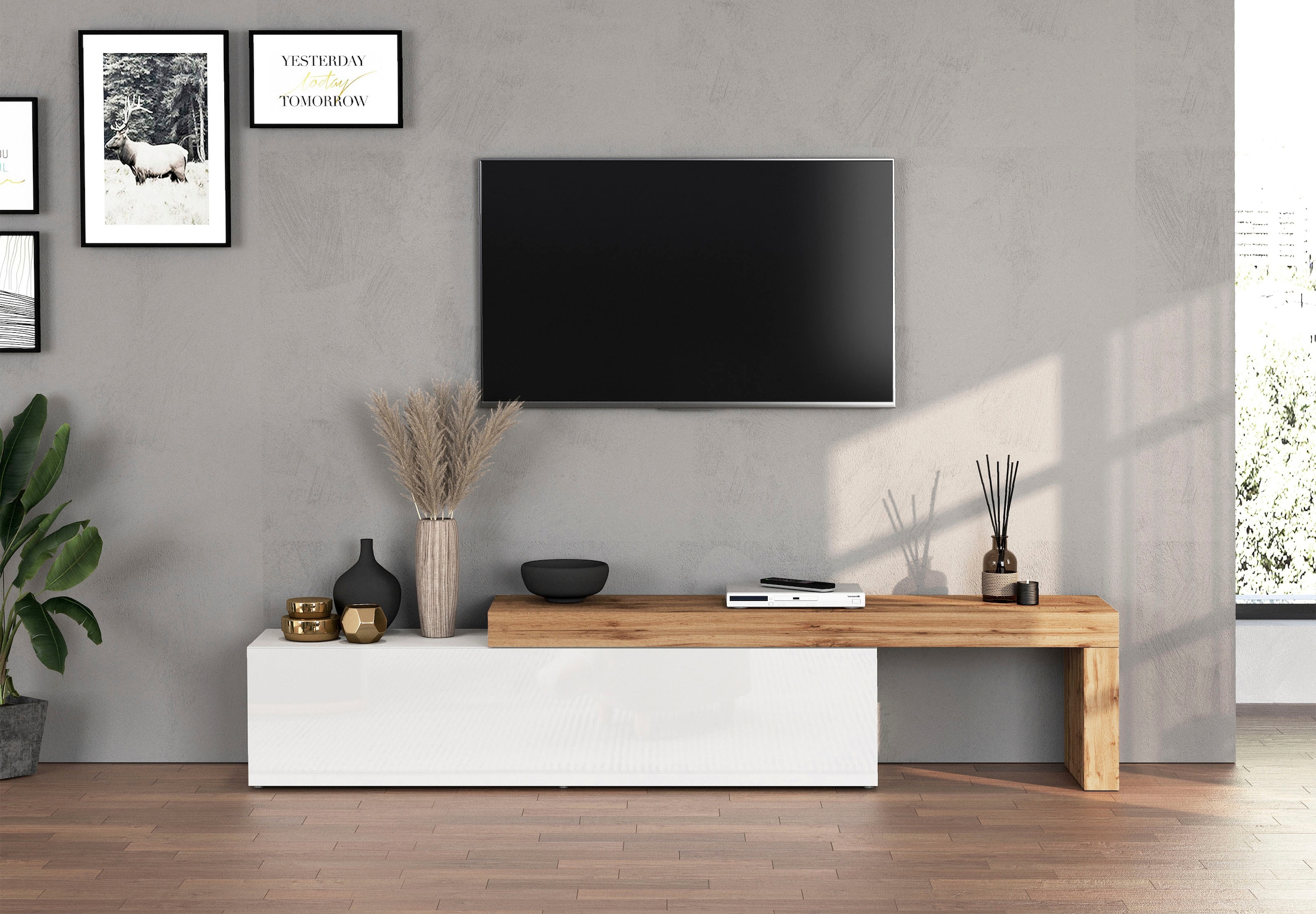 INOSIGN Lowboard »Chronos TV-Board, TV-Schrank«, (1 St., Breite verstellbar von 190 bis 350 cm), Breite 270 cm TV-Board,Lowboard,1 Klappe und ein L-Förmiger Aufsatz