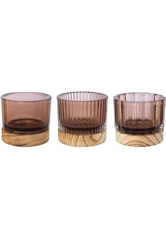 Creativ home Windlicht »Kerzenhalter aus Glas, mit Holzfuß«, (Set, 3 St.),  Teelichthalter mit 3 verschiedenen Oberflächenstrukturen bestellen