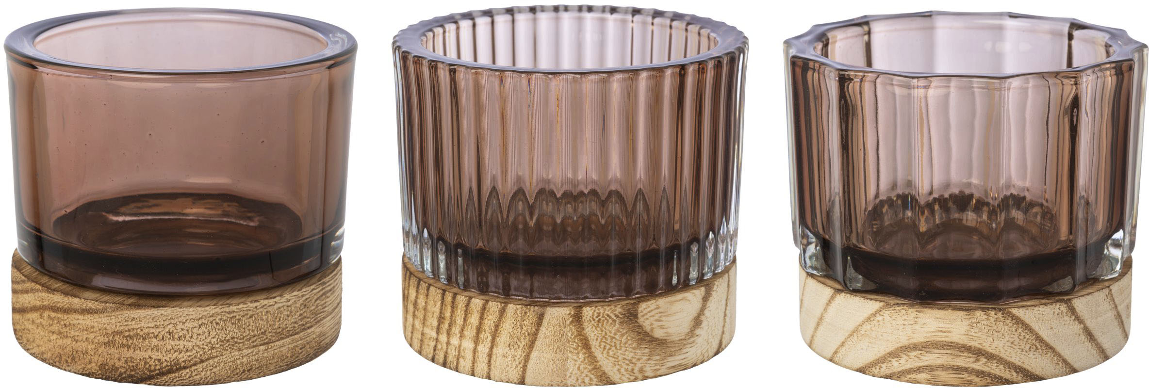 Creativ home Windlicht »Kerzenhalter aus 3 Glas, Oberflächenstrukturen Teelichthalter mit (Set, St.), 3 Holzfuß«, mit verschiedenen bestellen