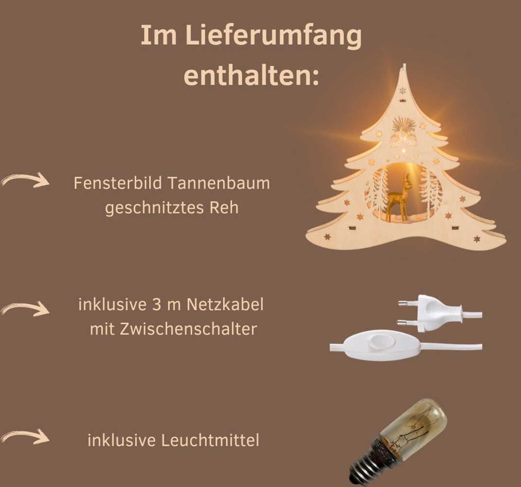 Weigla Dekobaum »beleuchtetes Fensterbild Tannenbaum geschnitztes Reh NATUR-BRAUN«, Erzgebirge garantiert, Weihnachtsdeko Innen, Weihnachtsbeleuchtung