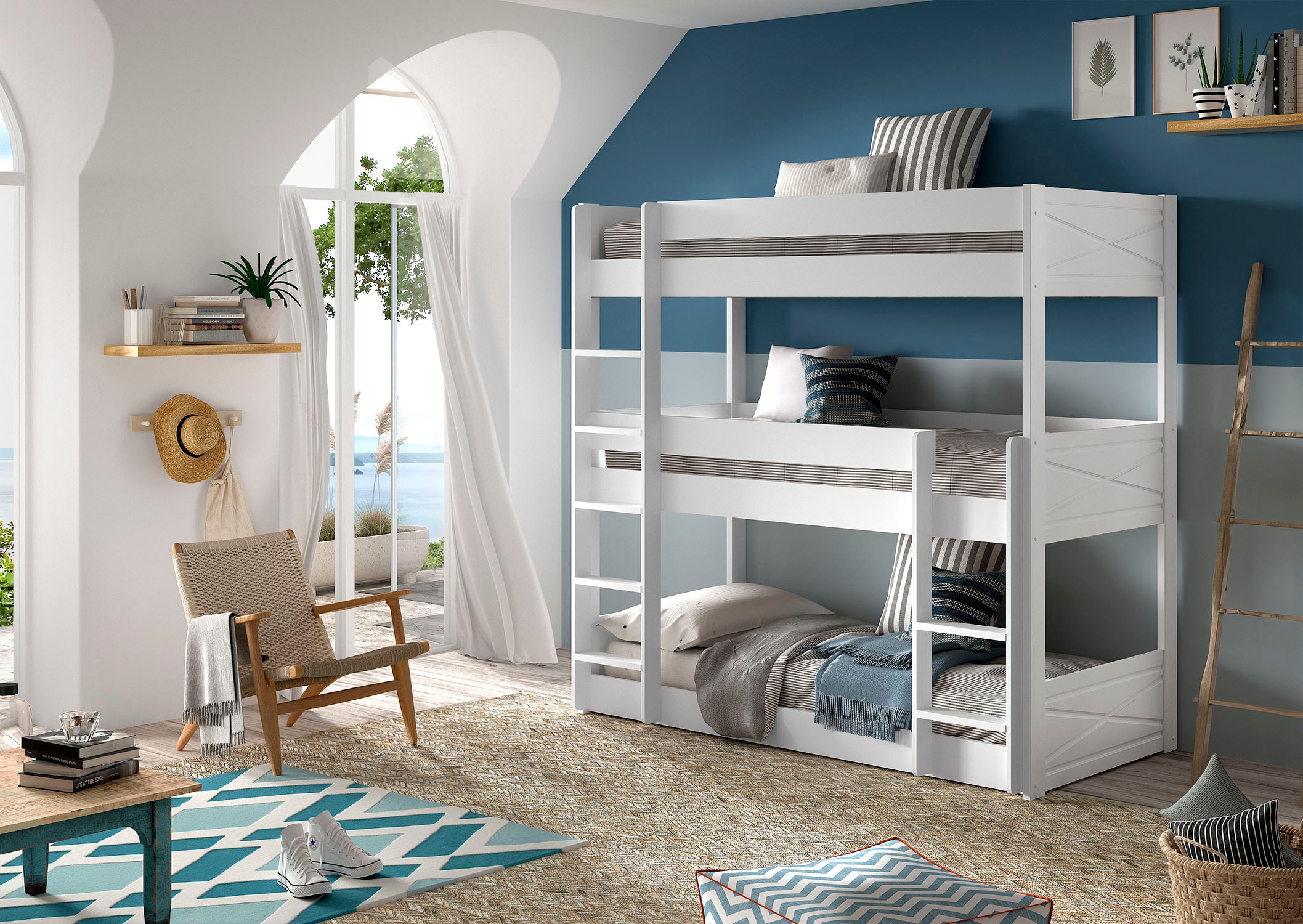 Vipack Etagenbett, (Made in Europe), mit 3 LF á 90x200 cm und Rollrost, stabil gebaut, Kiefer massiv weiß