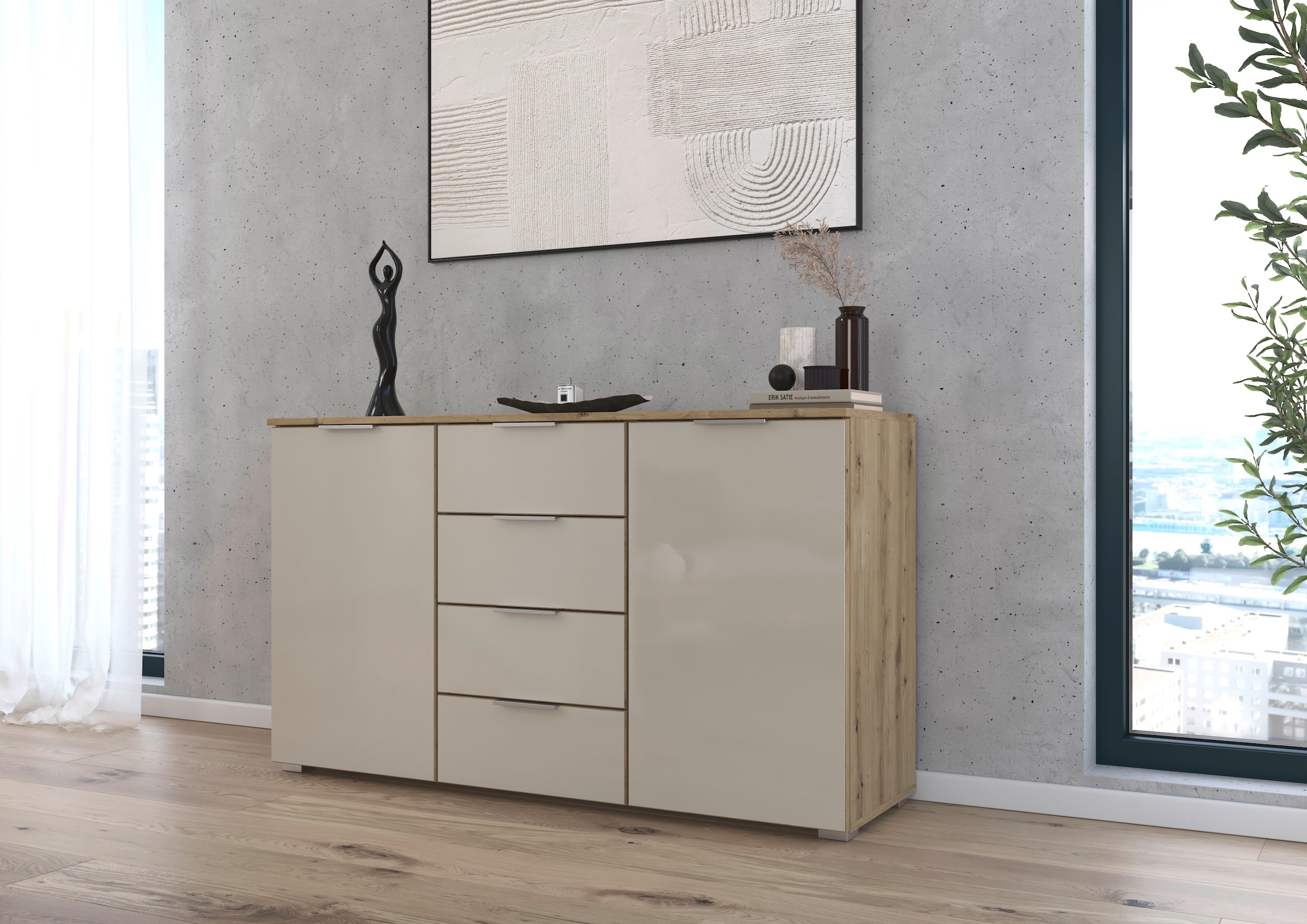 rauch Kombikommode »Sideboard Kombikommode Schubladenkommode AGORDO mit Glasfront«, (in zwei Griff-Farben, Breite 120 cm inkl. Soft-Close-Funktion), vier große Schubladen, mit insgesamt 4 Einlegeböden MADE IN GERMANY
