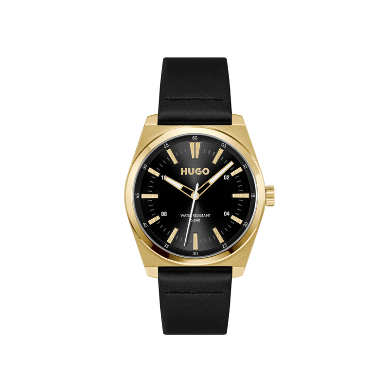 HUGO Quarzuhr »#ARK« Armbanduhr, Herrenuhr, Lederarmband, analog schwarz-goldfarben Schöne Armbanduhr