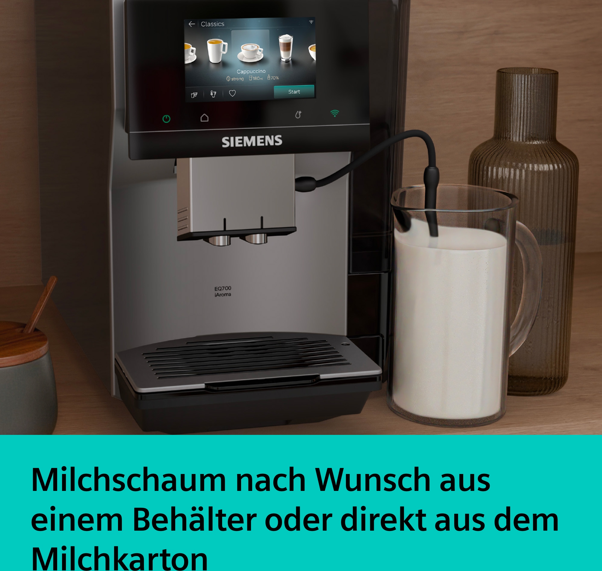 SIEMENS Kaffeevollautomat »EQ700 TP725ET7, inkl. Thermo-Kaffeebecher, XL-Getränke, 20 Favoriten« farbiges Full-Touch-Display, Doppeltassenfunktion, sehr leise, silber