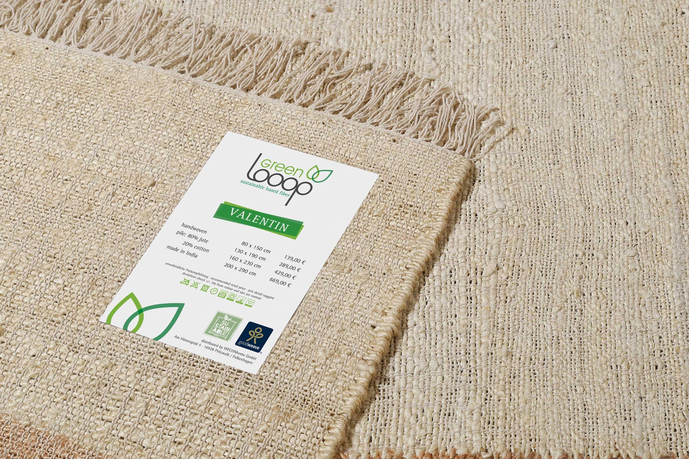 Green Looop Teppich »Valentin GL-82301«, rechteckig, 4 mm Höhe, Naturfaser Teppich aus 80% Jute 20% Baumwolle, mit Fransen, Wohnzimmer