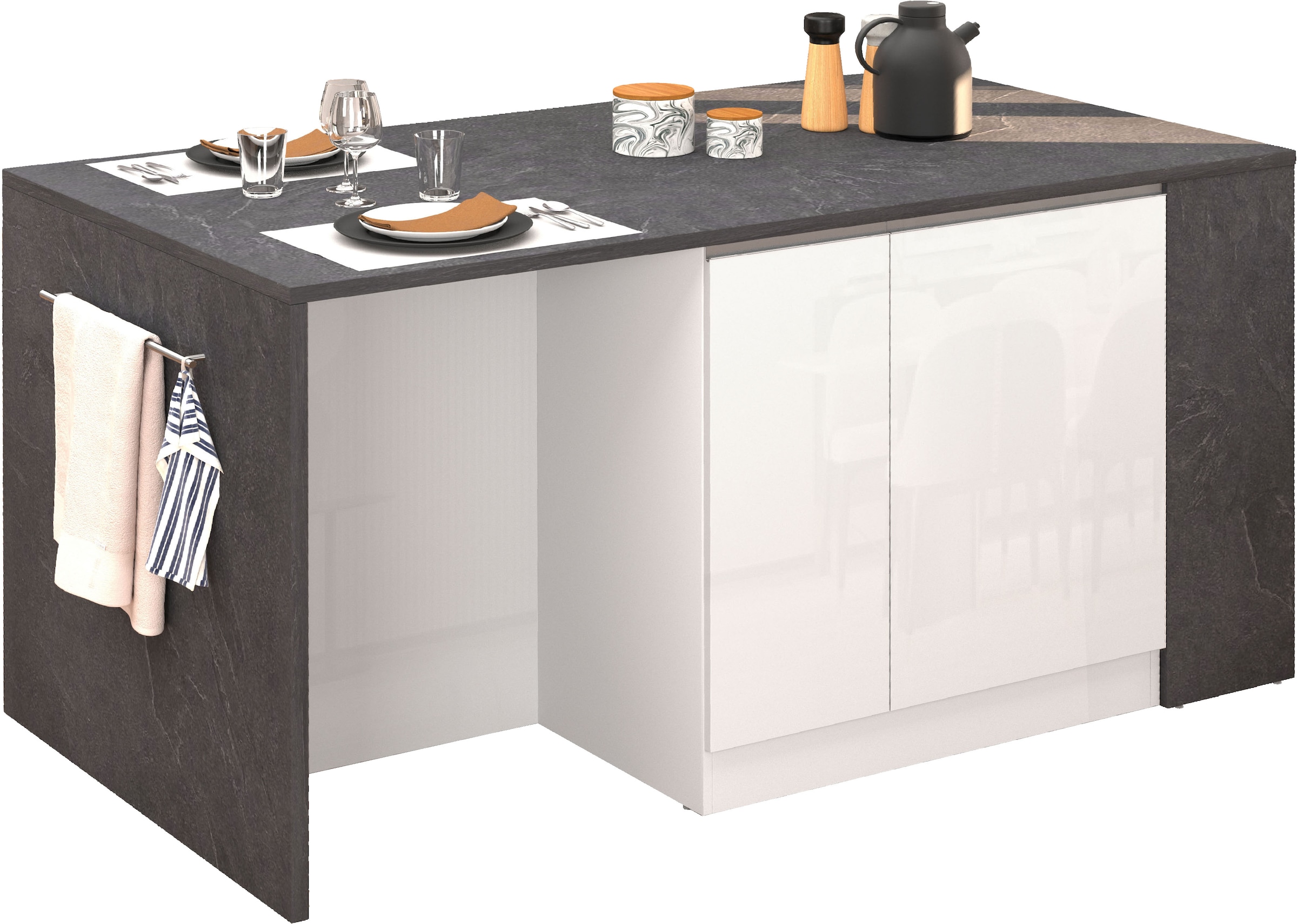 KOCHSTATION Kücheninsel »KS-Sole, Kochinsel, Küchenarbeitsblock, Arbeitsinsel, Made in Italy« Breite 167,5 cm, 2 Apothekerauszüge, 2 Essplätze, 1 offenes Regal