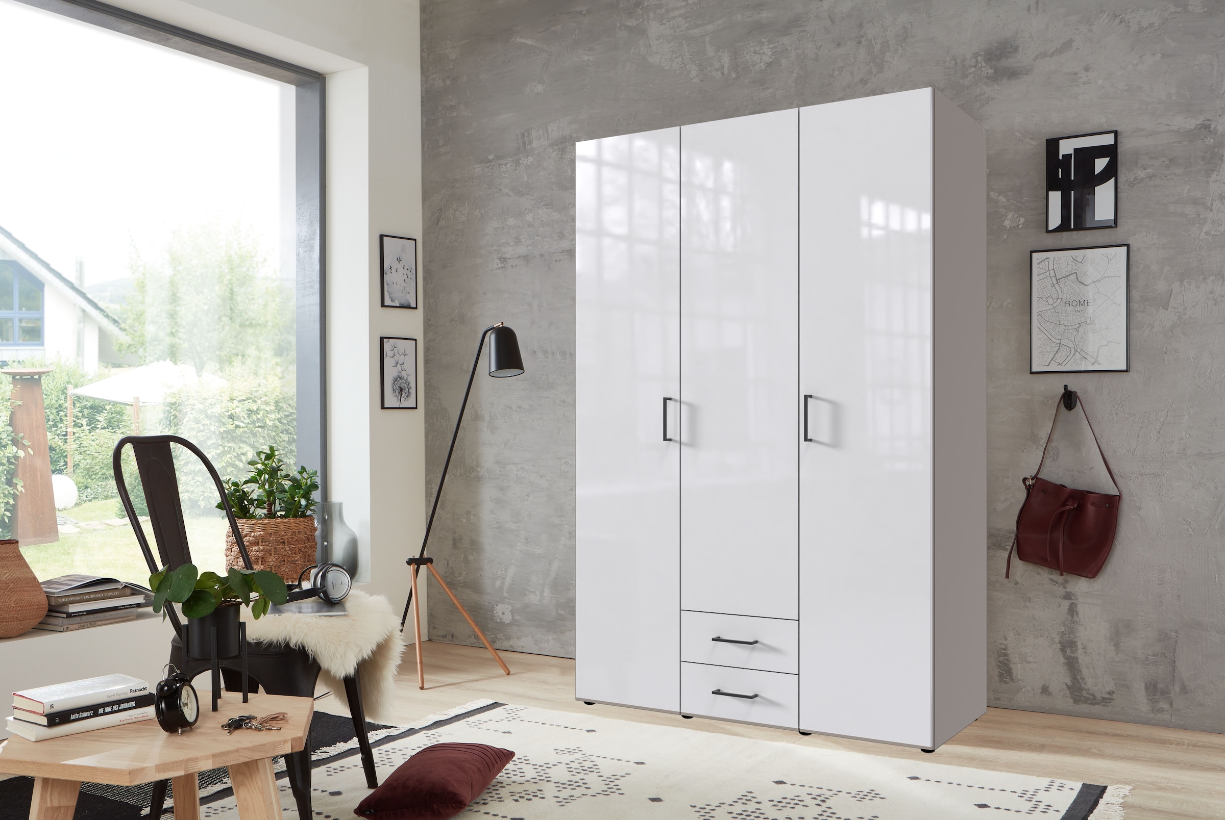 Wimex Drehtürenschrank »Mugano, 135 oder 180cm breit, 208 oder 236cm hoch, Made in Germany«, (mit langen Griffstangen aus Metall), wahlweise mit oder ohne Spiegel, mit Schubladen