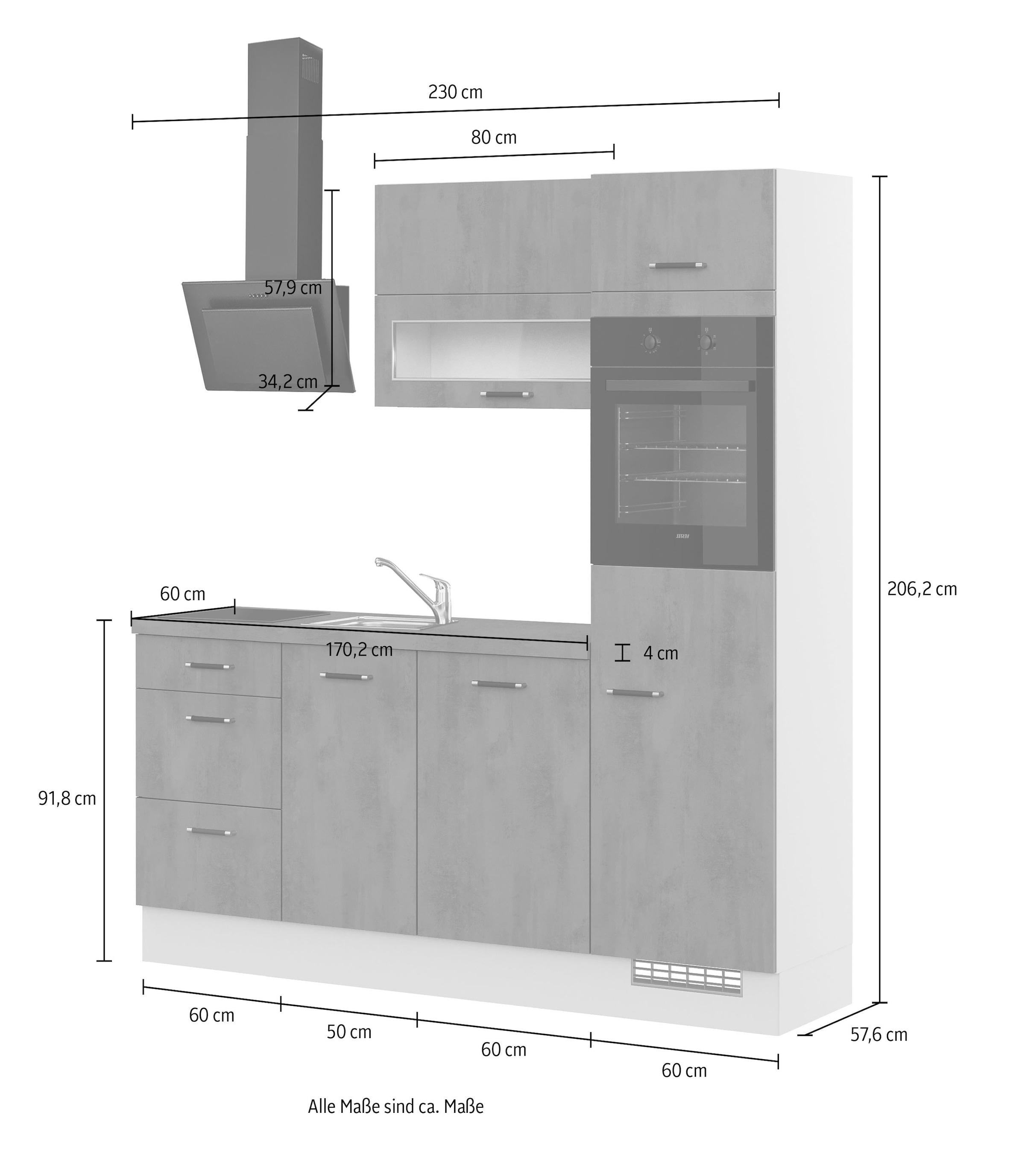 IMPULS KÜCHEN Küchenzeile »Prag, Ausrichtung wählbar, Schubkästen mit Soft-Close« Set,  vormontiert, in verschiedenen Farben erhältlich, Breite 230 cm
