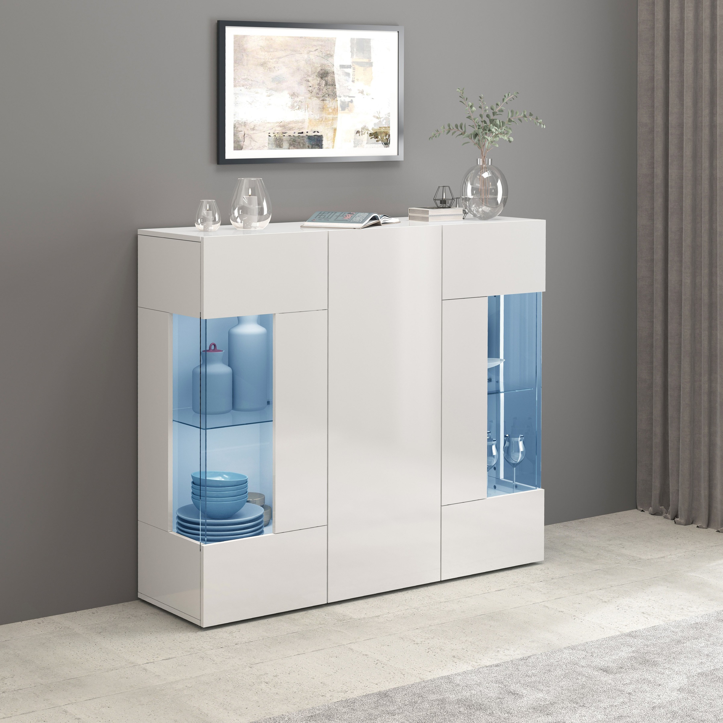 INOSIGN Highboard »Egypt, Highboard, Hochschrank, Hochkommode, Vitrine«, mit 3 Türen davon 2 mit Glaseinsatz,kompl. Hochglanz lack.,Breite 135
