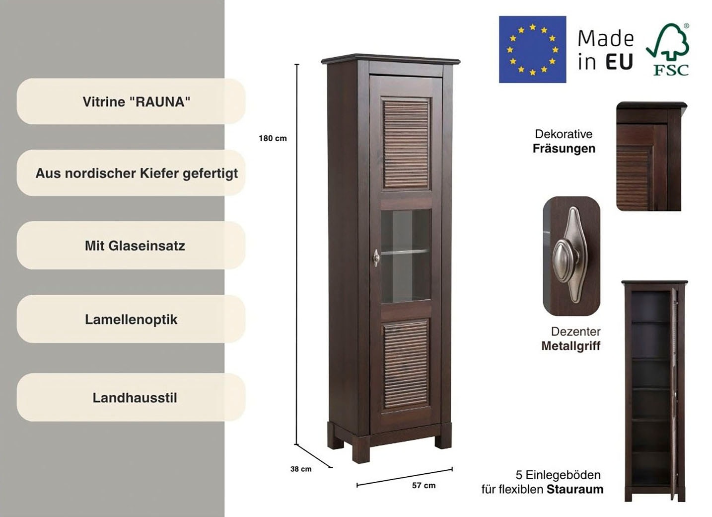Home affaire Vitrine »Rauna«, Höhe 180 cm, aus massiver Kiefer