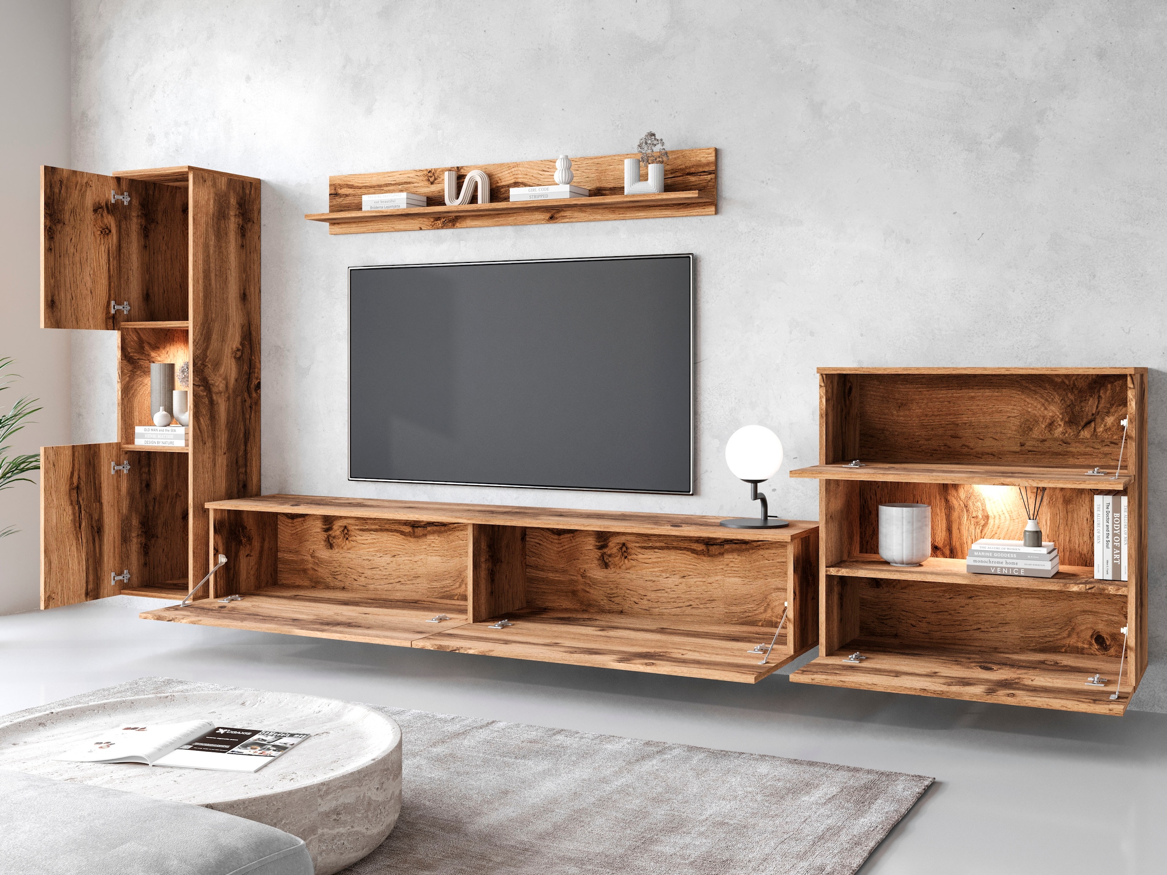 INOSIGN Wohnwand »PARIS, Vitrine Türanschlag links/rechts wechselbar«, (Komplett-Set, 4 St.), grifflose Design, stehend und hängend montierbar