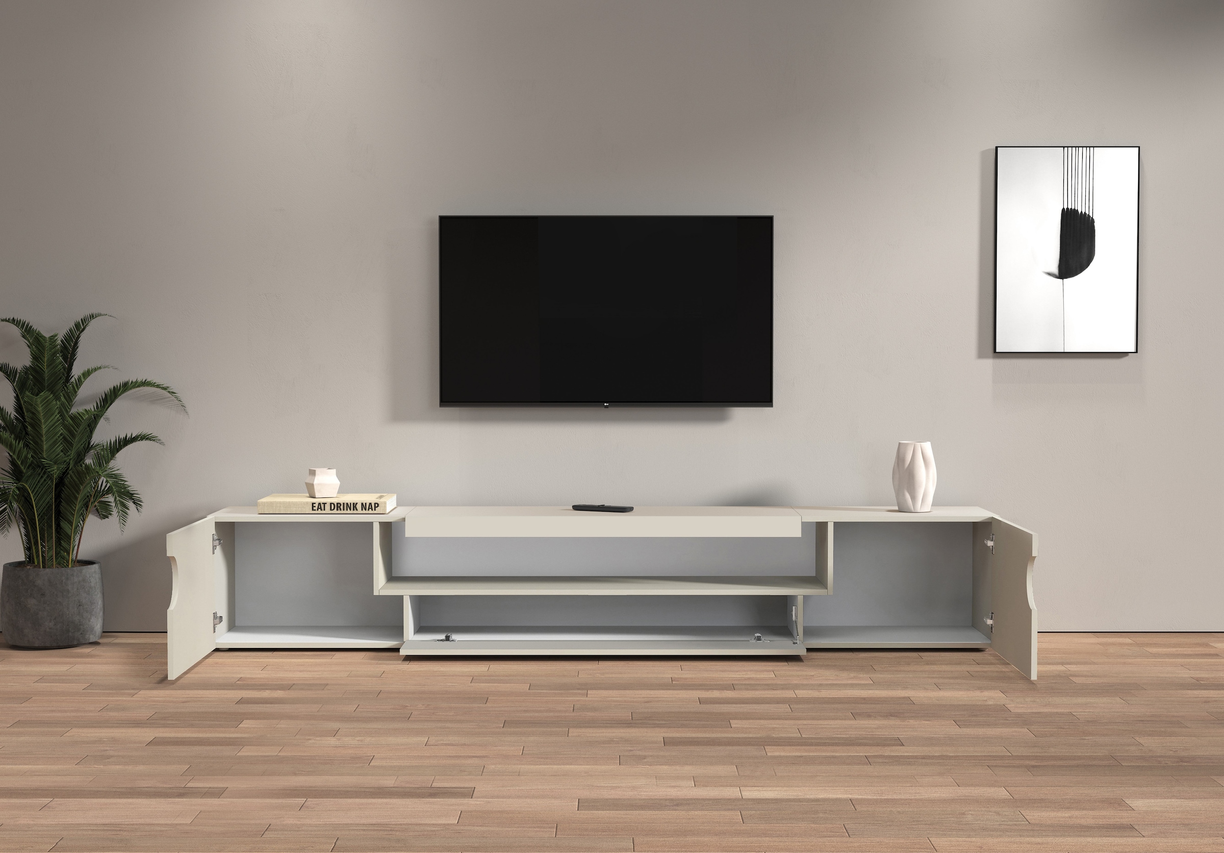 Home affaire Lowboard »REAL TV-Möbel, 240 cm breit, 40/60 cm hoch, Hochglanz oder matt« mit 2 abgerundeten Türen, 1 Klappe, die ein ovales offenes Fach bilden