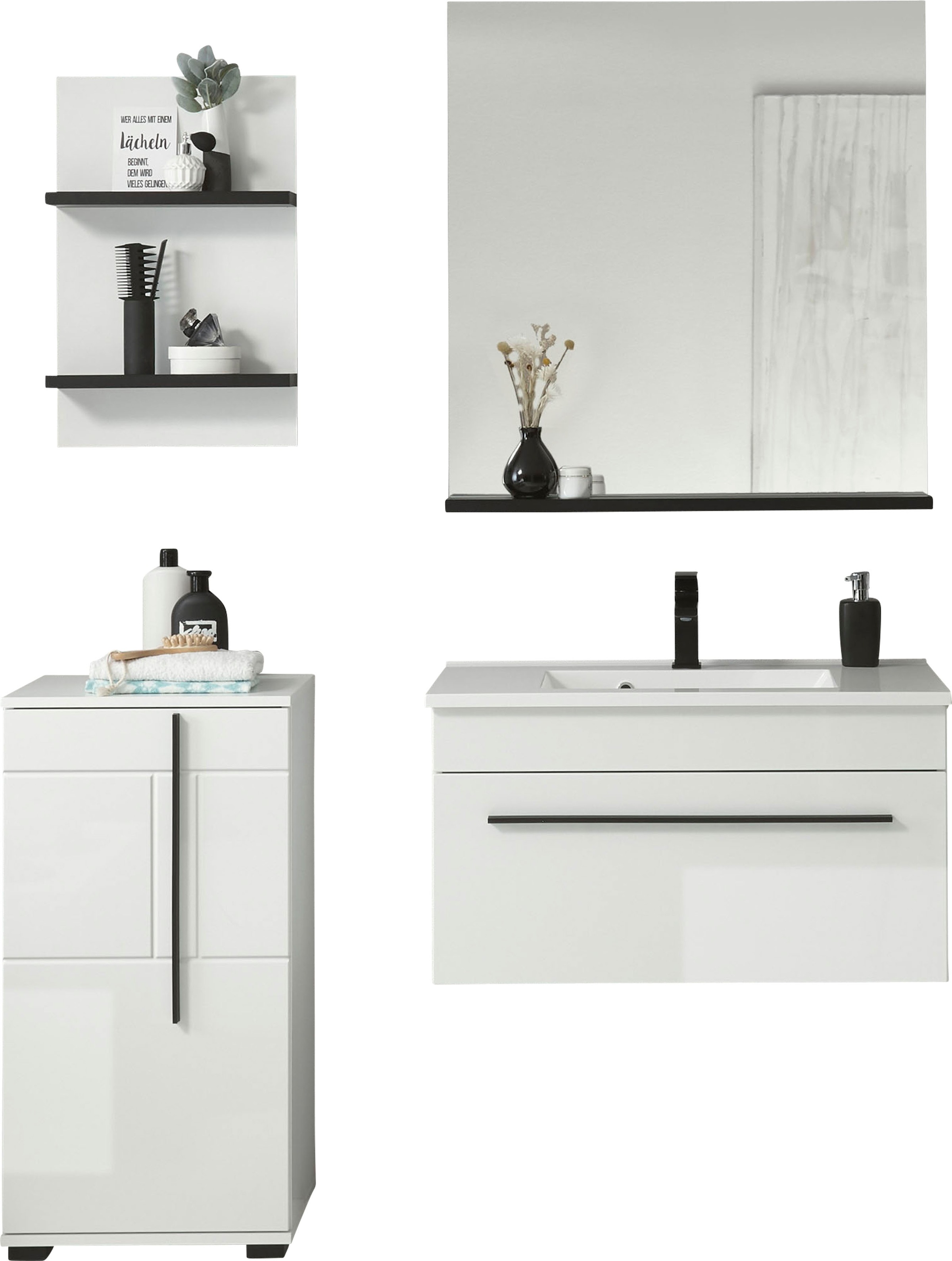INOSIGN Badmöbel-Set »Cantara, Bad im modernen Design, 4-teiliges Badezimmer«, (Set, 4 St.), Waschtisch, Schrank, Hängeregal und Spiegel, in Weiß Hochglanz