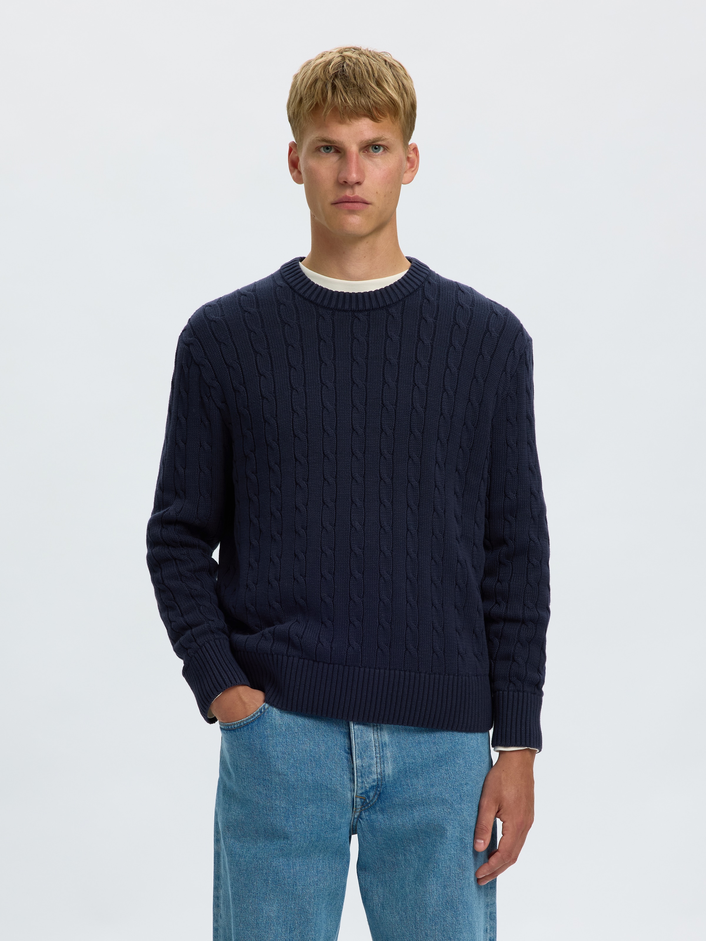 SELECTED Rundhalspullover »SLMBRAUN KNIT CABLE CREW NOOS« Baumwolle, relaxed fit