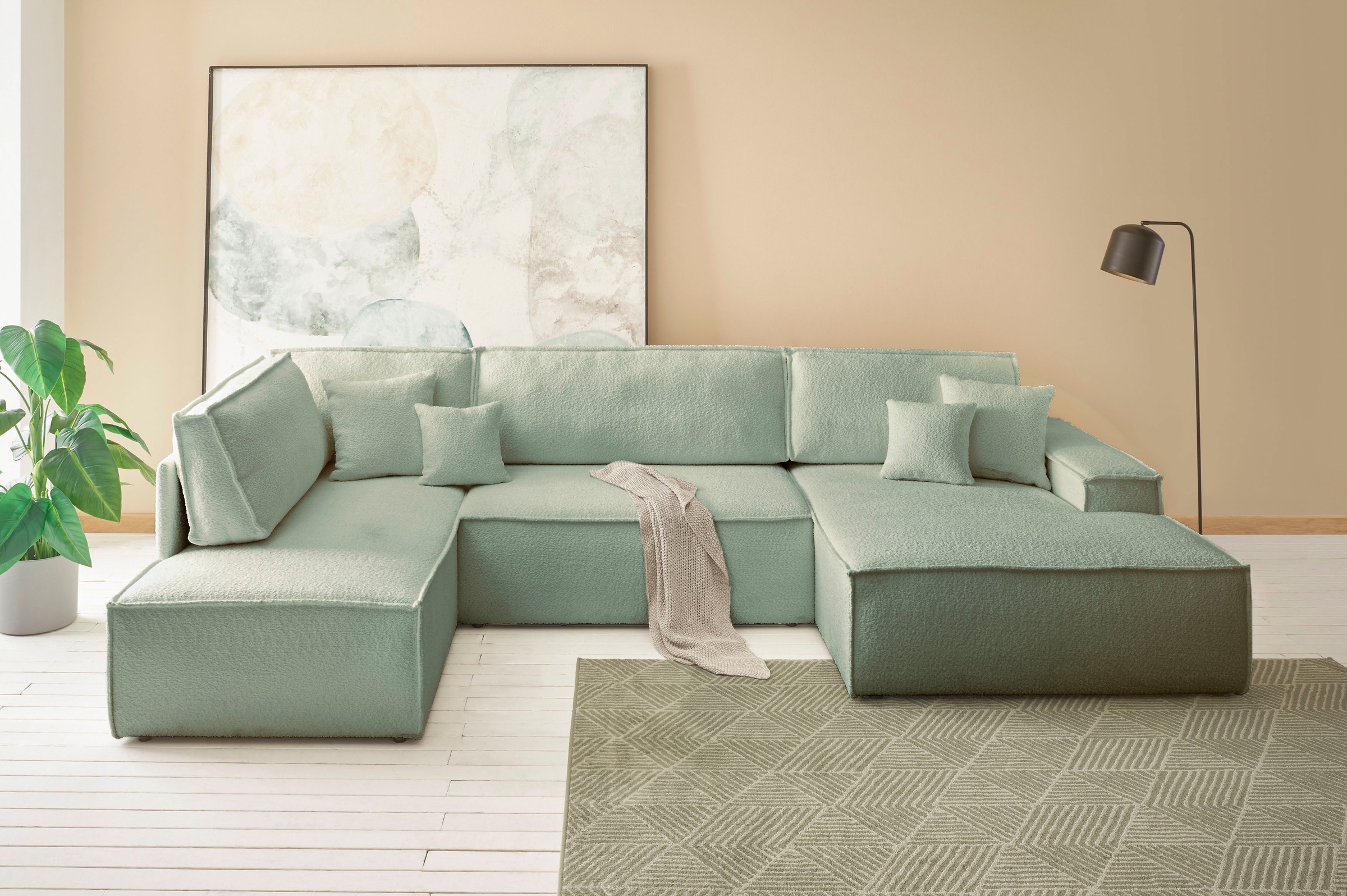 andas Wohnlandschaft »FINNLEY U-Form XXL 329 cm, Schlafsofa, Schlaffunktion m. Bettkasten«, (194/139 cm), Bouclé, Struktur und Cord