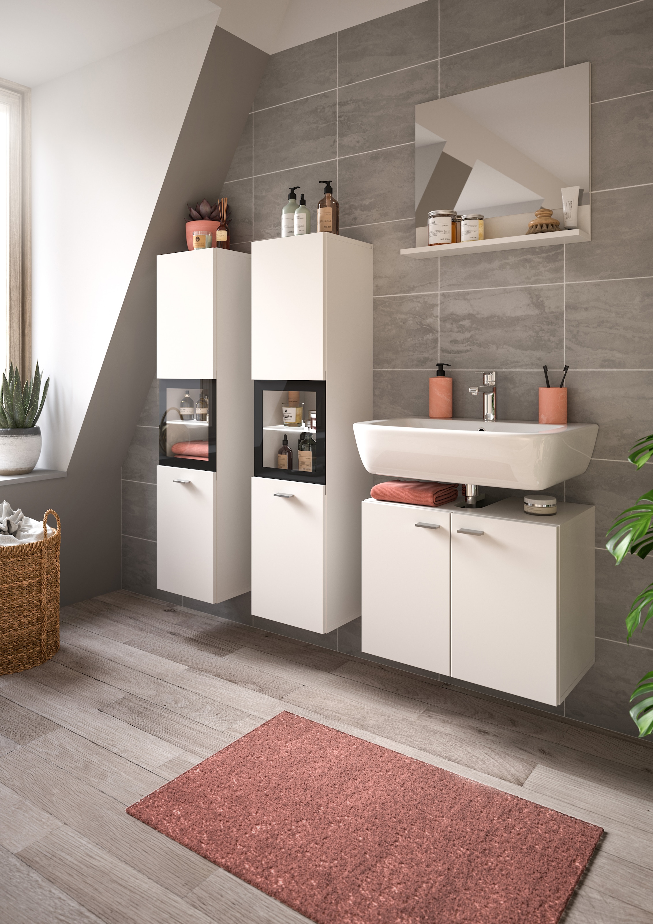 welltime Badmöbel-Set »Tampa, Breite 137cm, 4-teilig«, (4 St.), Waschbeckenunterschrank, Spiegel, Hochschrank
