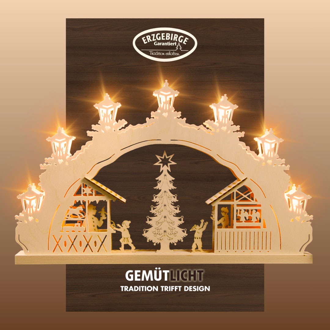 Weigla Schwibbogen »Weihnachtsmarkt, Lichterbogen aus Holz, NATUR«, Erzgebi günstig online kaufen