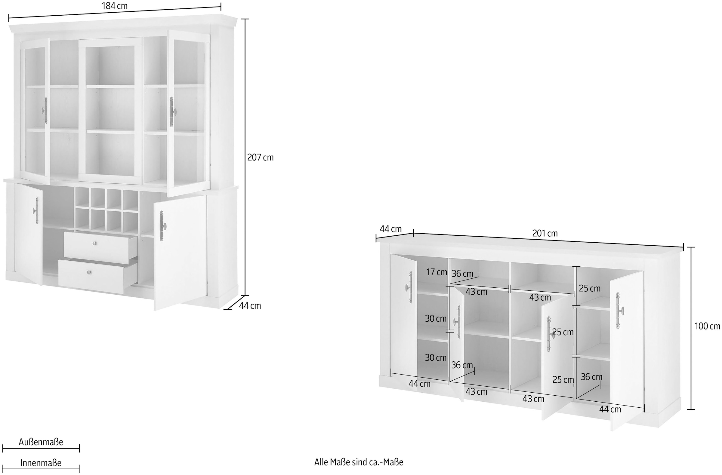Home affaire Wohnwand »RAVENNA«, (2 St.), im romantischen Landhausstil, Griffe aus Metall, Softclose-Funktion