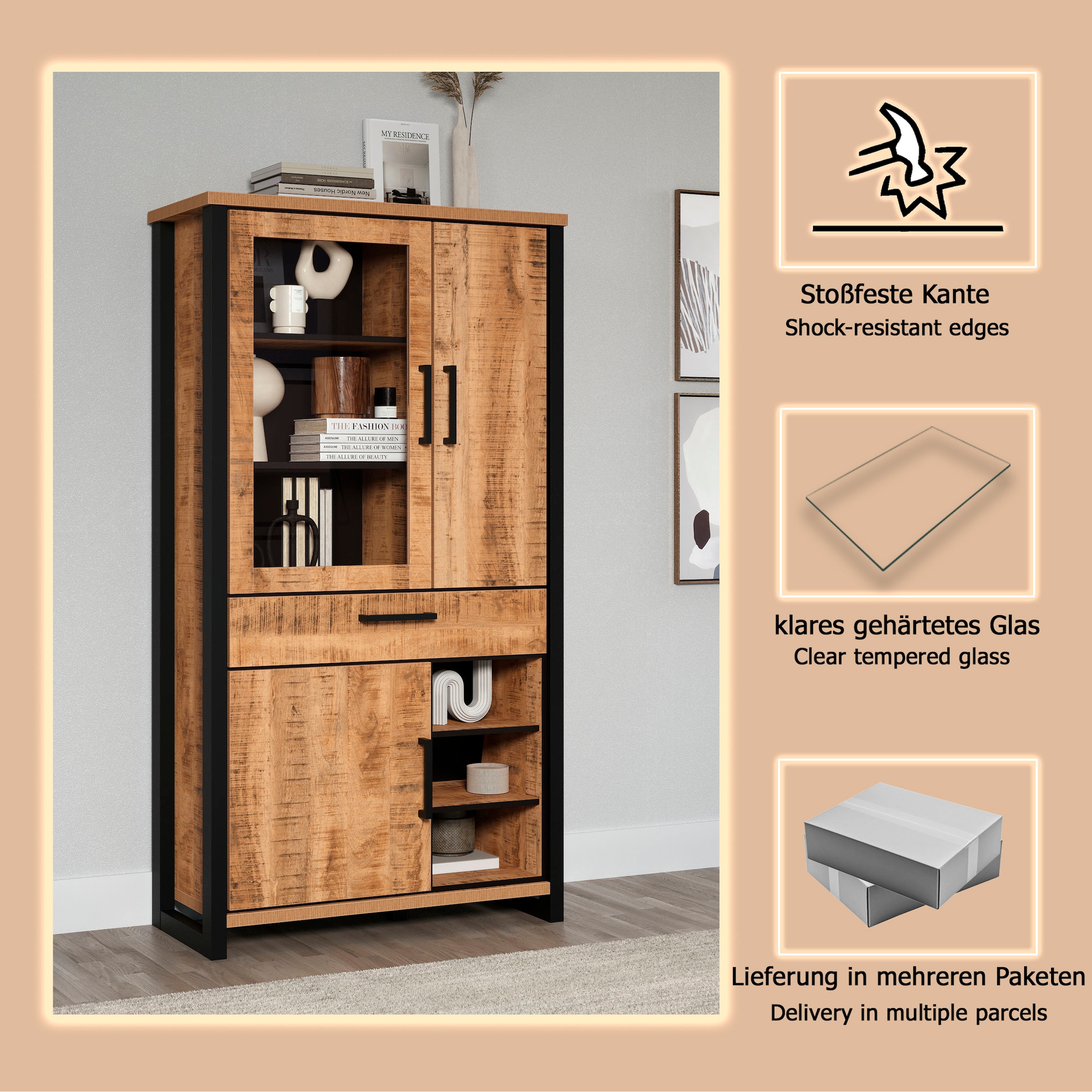 Home affaire Vitrine »Elda« 1 Stk. tlg. Vitrine mit 3 Türen & 1 Vollauszug Schublade - (B/T/H) 106/45/195 cm