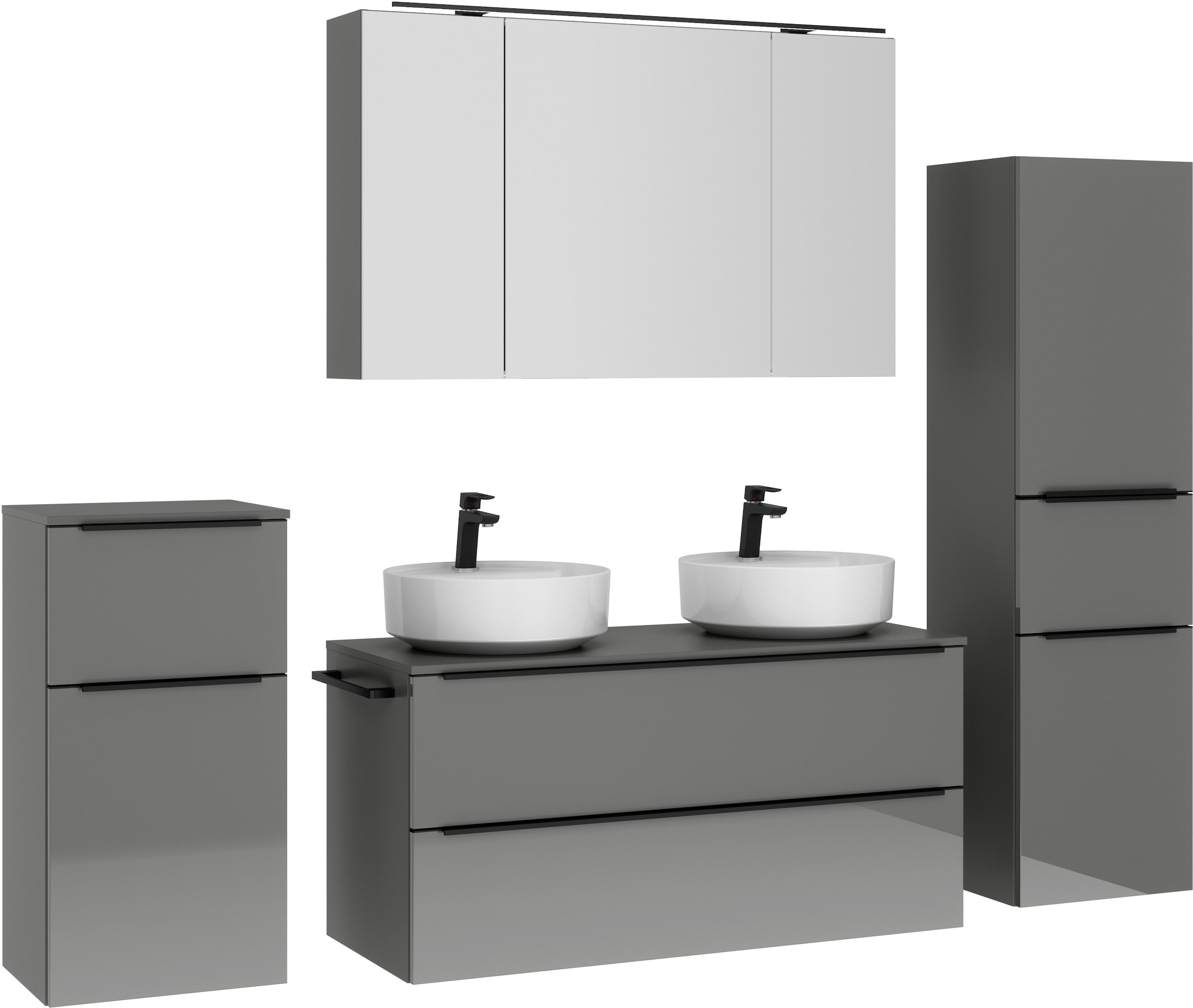 nobilia® Badmöbel-Set »Alvene«, (4 St., vormontiert, mit Soft-Close), inkl. Spiegelschrank mit Beleuchtung und Dimmerfunktion, in 4 Breiten