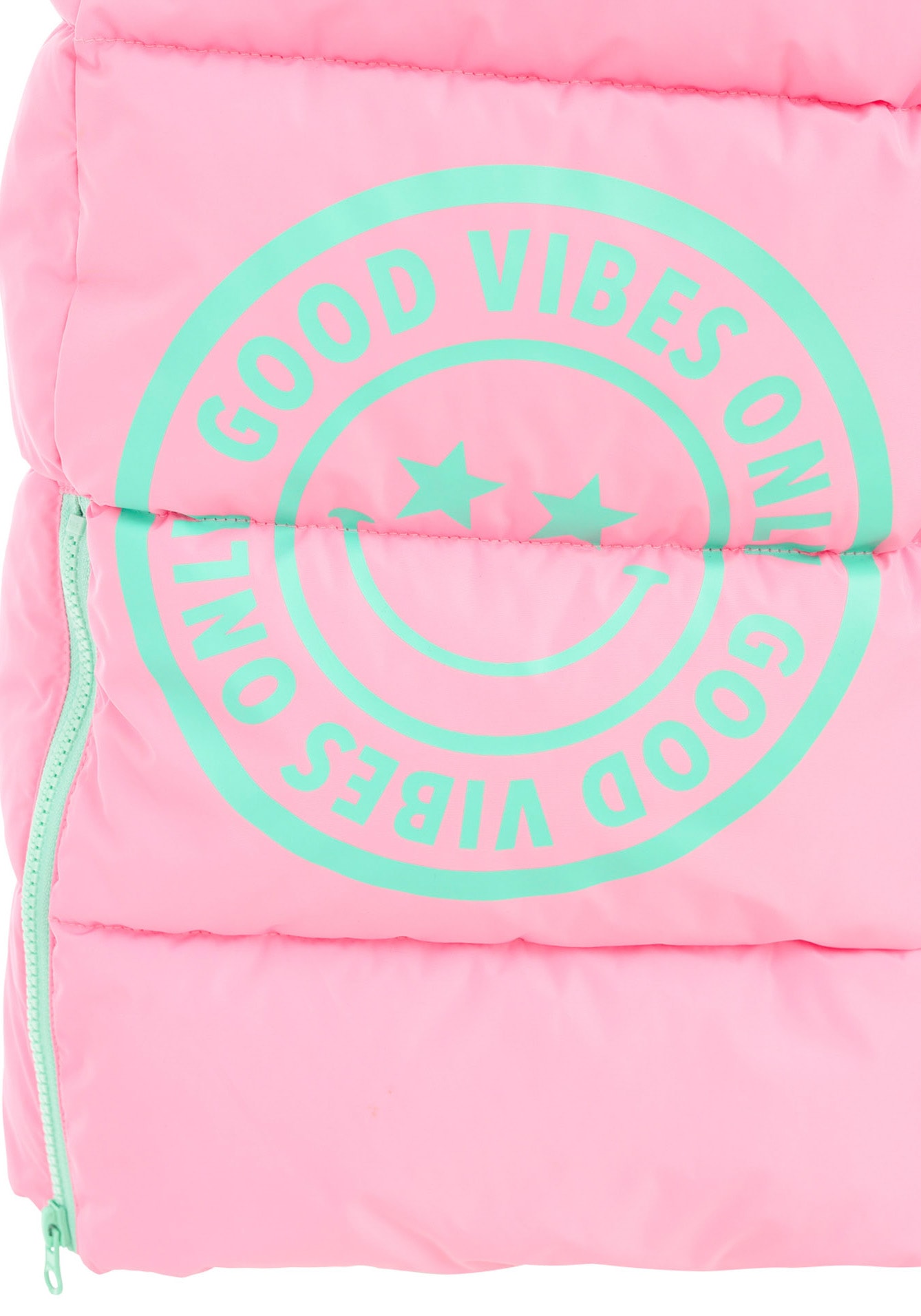 Zwillingsherz Steppweste »Steppweste lang "Good Vibes Only"«, mit bedruckter Kapuze und Taschen, Knopfleiste und Print hinten