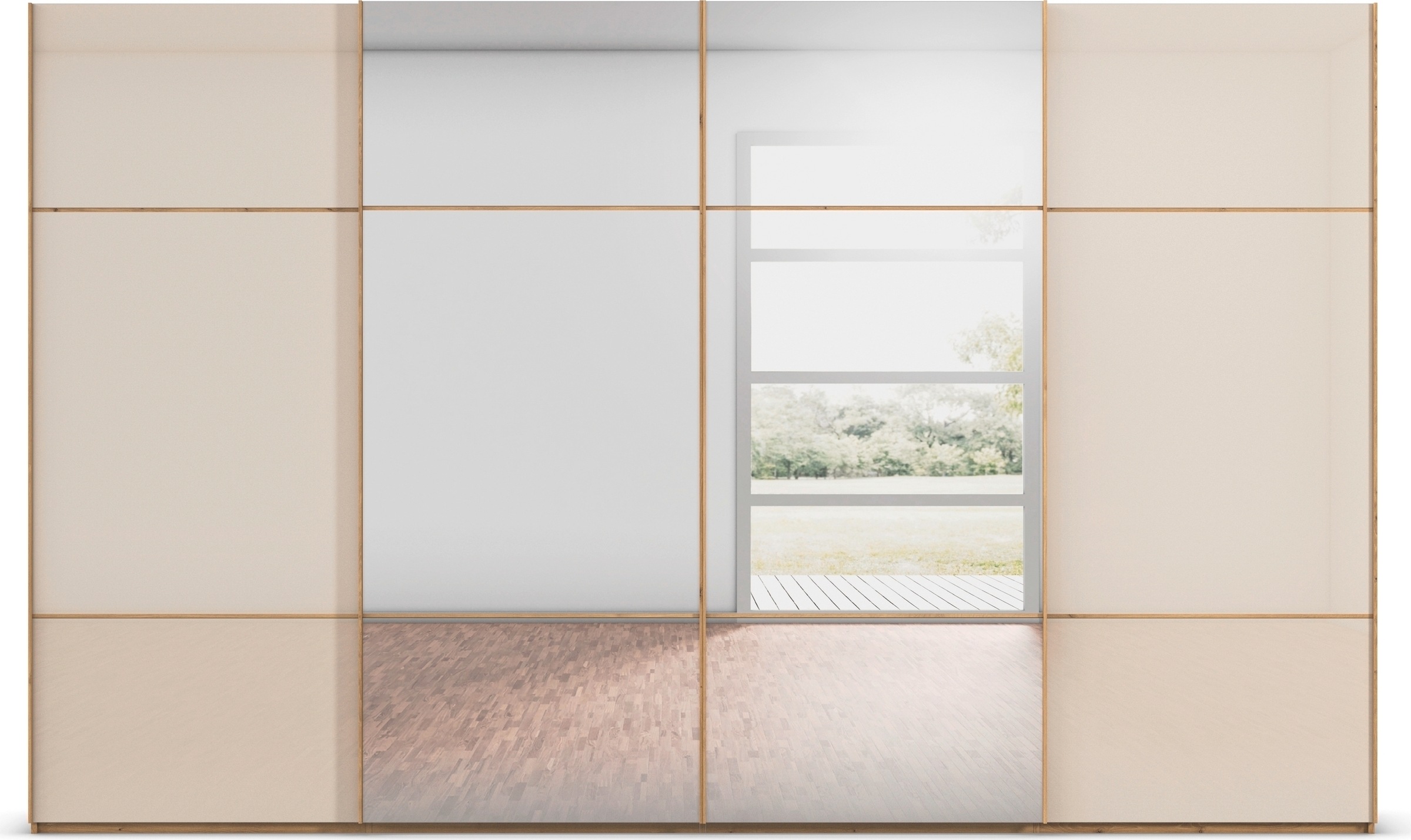 rauch Schwebetürenschrank »Kleiderschrank Schrank Garderobe Schlafzimmerschrank SCALE-TRIO«, edle dreigeteilte Front mit 2 Zierleisten Spiegel/Glas MADE IN GERMANY