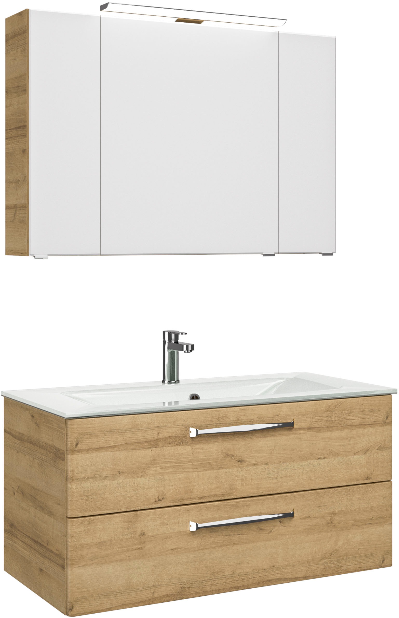 Saphir Badmöbel-Set »Trentino 2-teilig Glas-Waschtisch, Spiegelschrank mit LED-Leuchte«, (3 St.), Badmöbel-Set 107cm breit, inkl. Türdämpfer, 3 Türen, 2 Auszügen