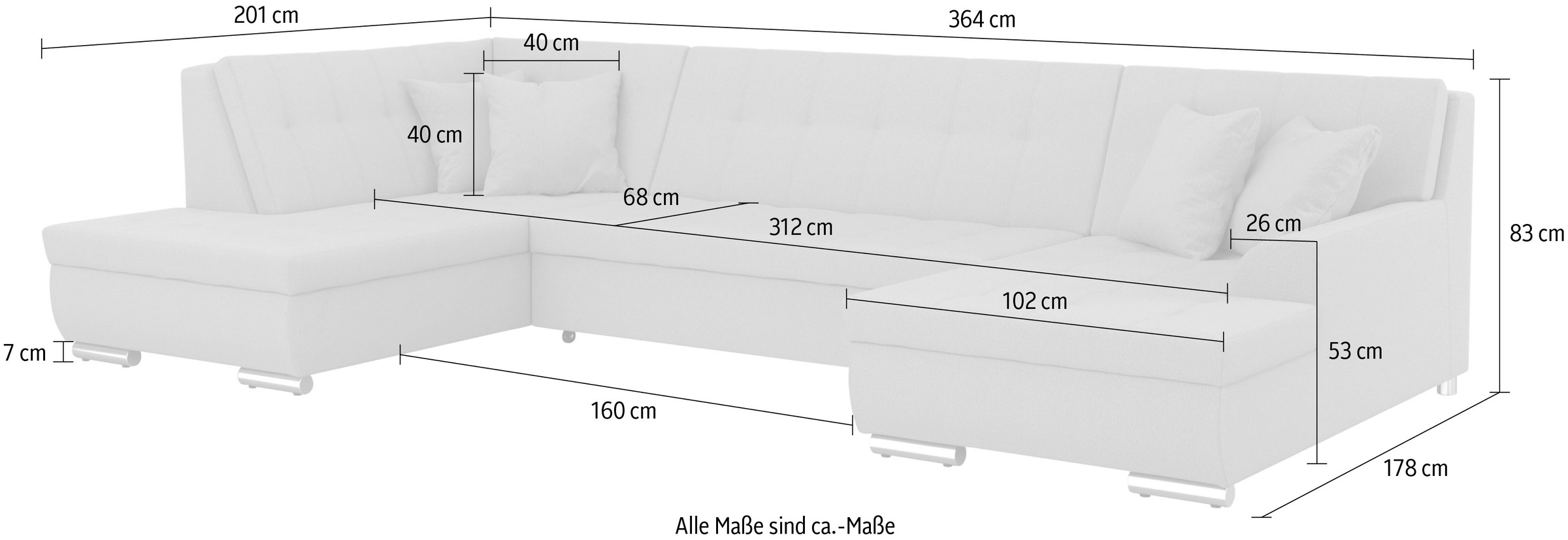 DOMO collection Wohnlandschaft »Treviso incl. Zierkissen, moderne Steppung, XXL: B/T/H: 364/201/83 cm«, wahlweise mit Bettfunktion, in vielen Bezugsarten auch in Cord U-Form