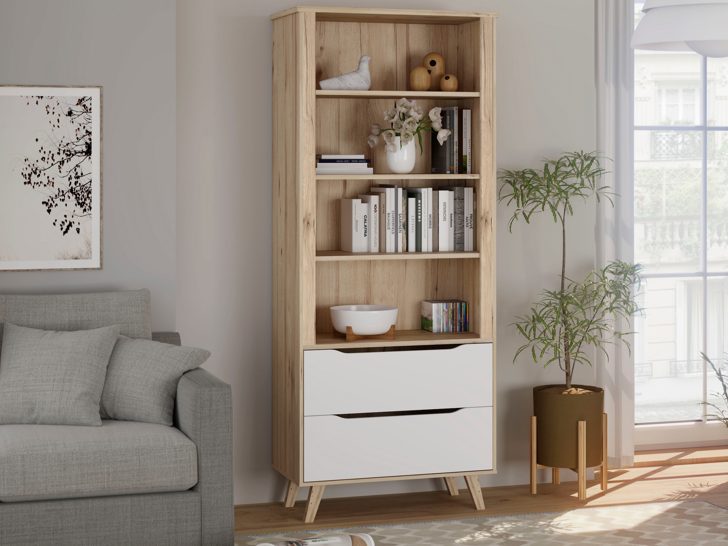 FORTE Wandregal »Vankka Regal 2 Schubkästen« B/H/T 84,7/201,5/41,7 cm,  Regal, Holzfüße, Einlegeböden variabel , 2 Schubkästen