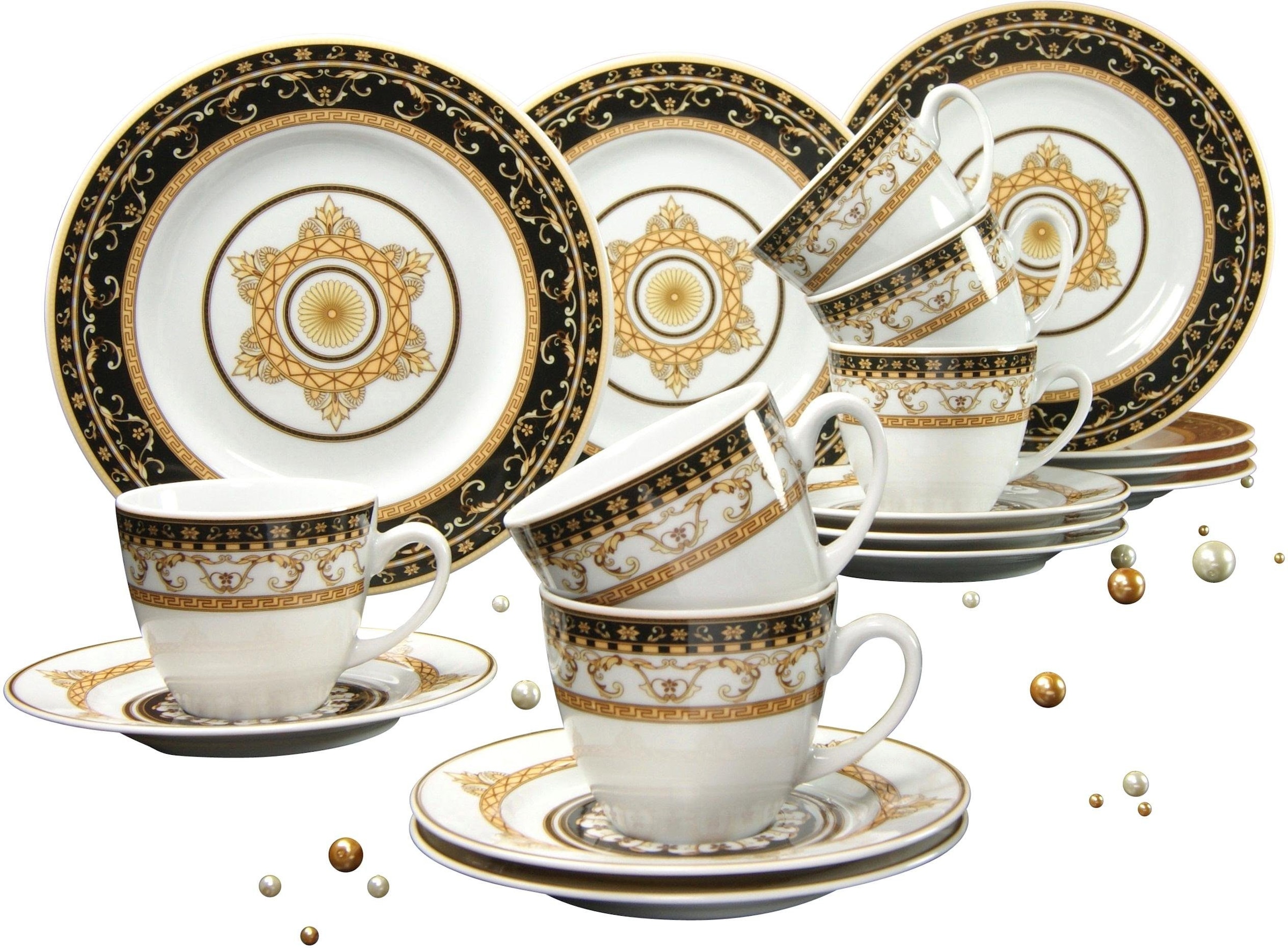 CreaTable Kaffeeservice »Geschirr-Set Majestosa«, (Set, 18 tlg., Kaffeegeschirr für 6 Personen), Service, Dekor schwarz abgesetzt, 18 Teile, für 6 Personen