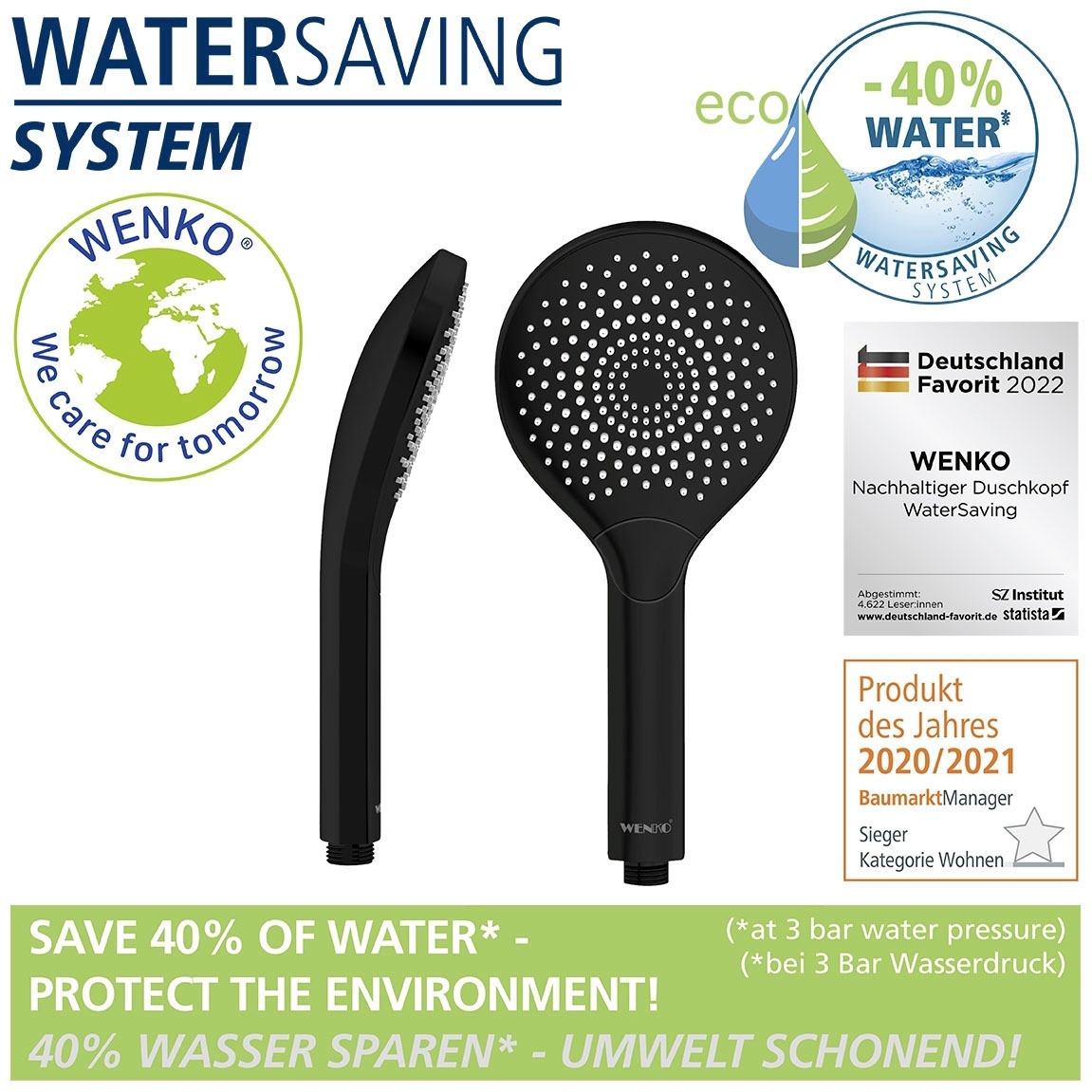 WENKO Handbrause »Watersaving«, (1 tlg.), Schwarz matt, Ø 12 cm