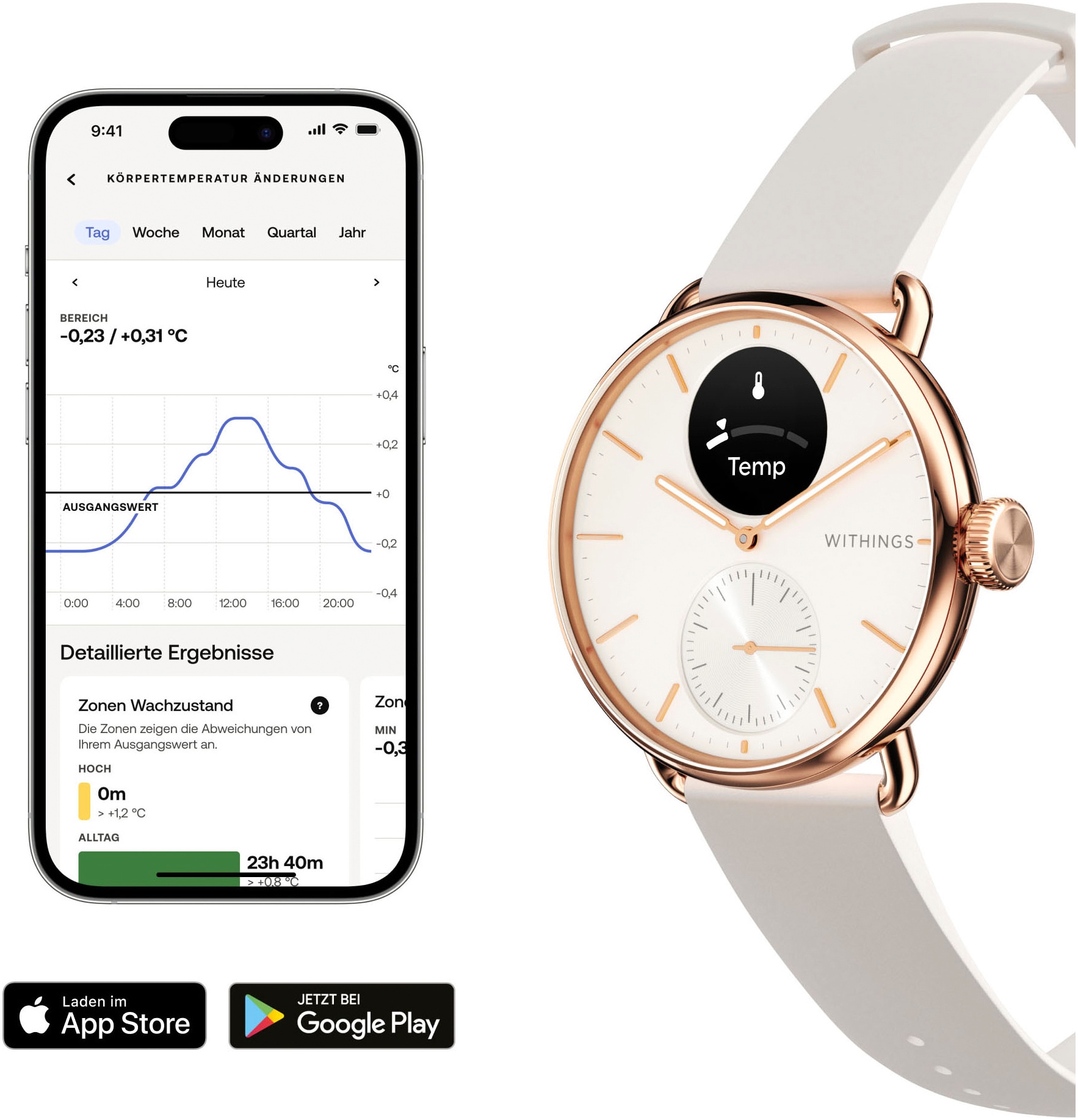 Withings Smartwatch »ScanWatch 2 38mm, hybrid, Akku bis 30 Tage, 50 M Wasserdicht«, HealthSense OS, Aktivitätstracking, Schlafüberwachung, Herzgesundheit, Temperatur uvm.
