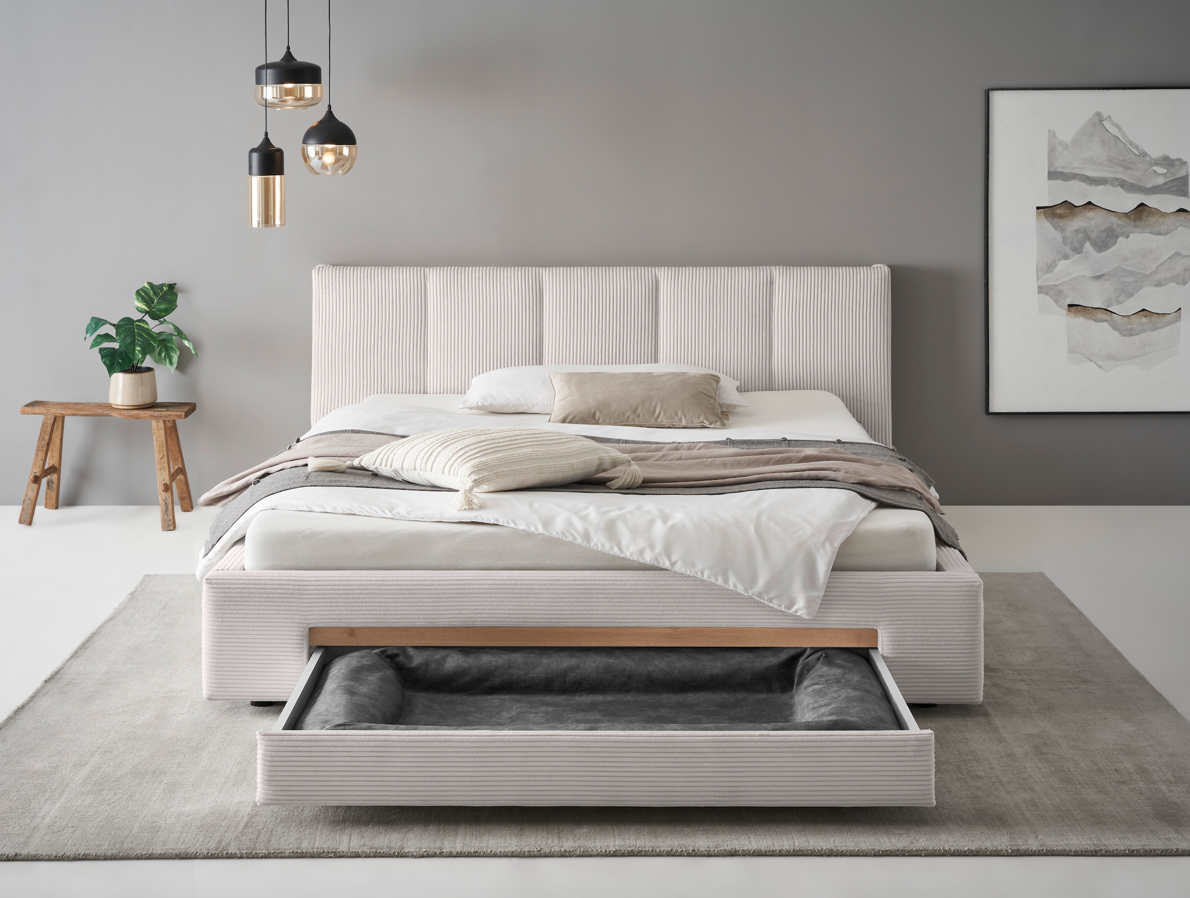 INOSIGN Polsterbett »CiTY/GiRON, Bettgestell mit Bettkasten, gepolstertes Stauraumbett«, mit Hundebett oder Stauraumschublade, Bezug Cord-oder Leinenoptik