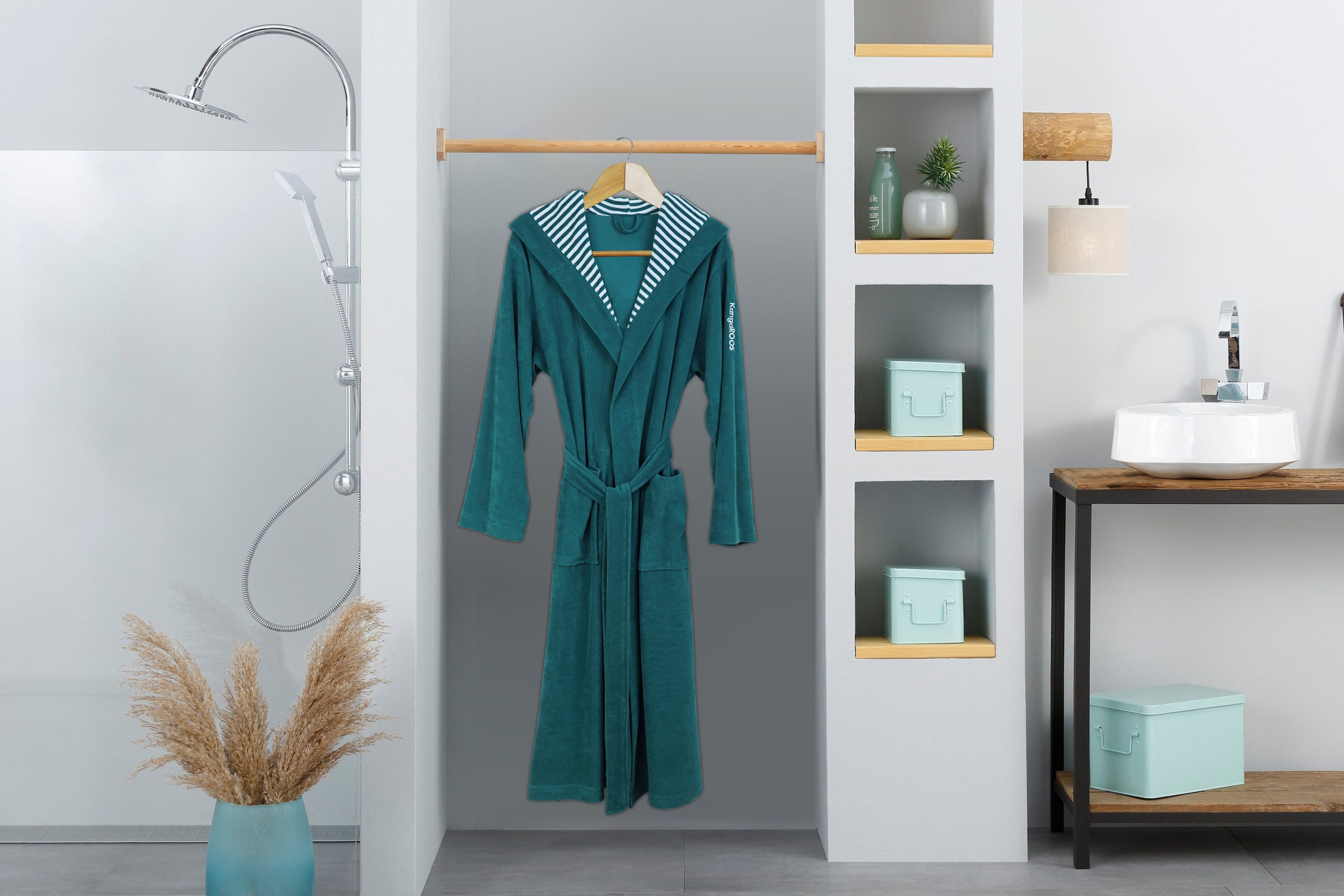 KangaROOS Damenbademantel »Dalia, ideal für Sauna & Spa, Hotelbademantel, Morgenmantel«, (1 St.), Uni-Farben und innen mit Streifen, Bademantel mit Taschen, XS-3XL