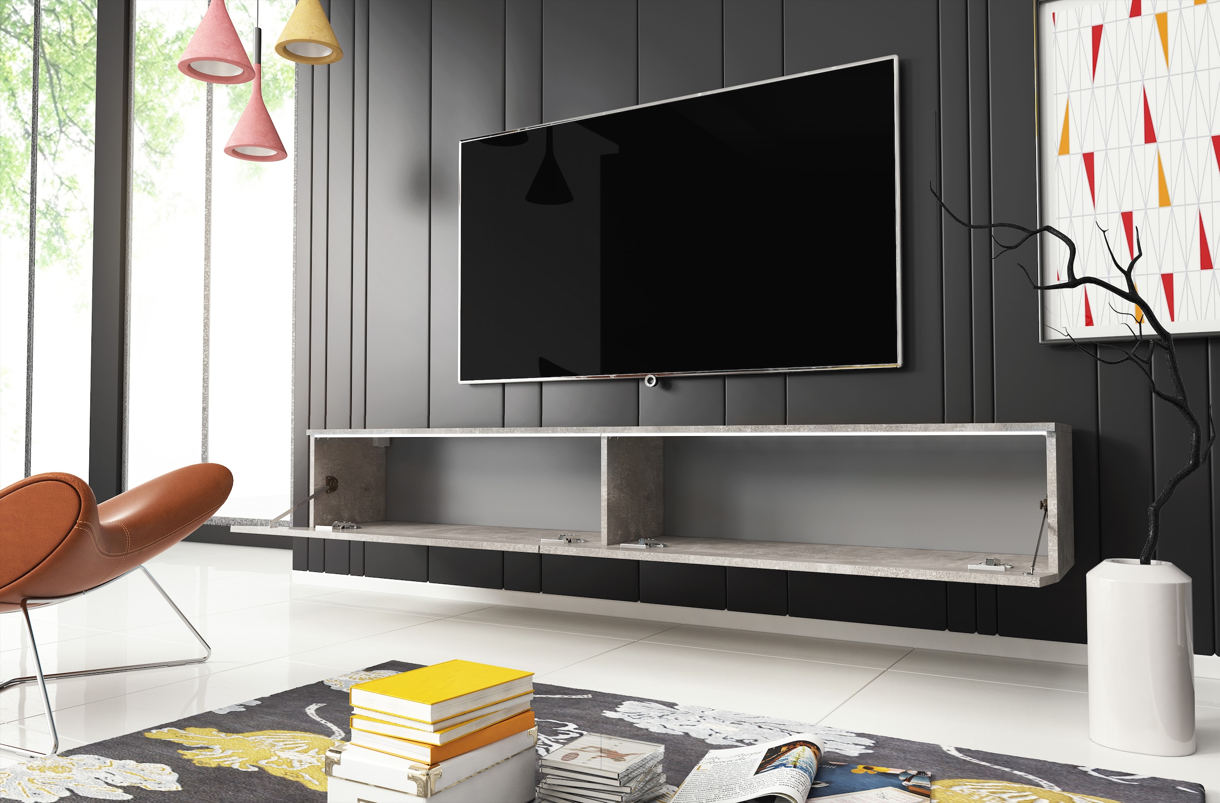 INOSIGN Lowboard »LOWBOARD VERA, wahlweise mit oder ohne Beleuchtung«, Modernes griffloses TV-Board, 180 cm TV-Schrank, stehend und hängend