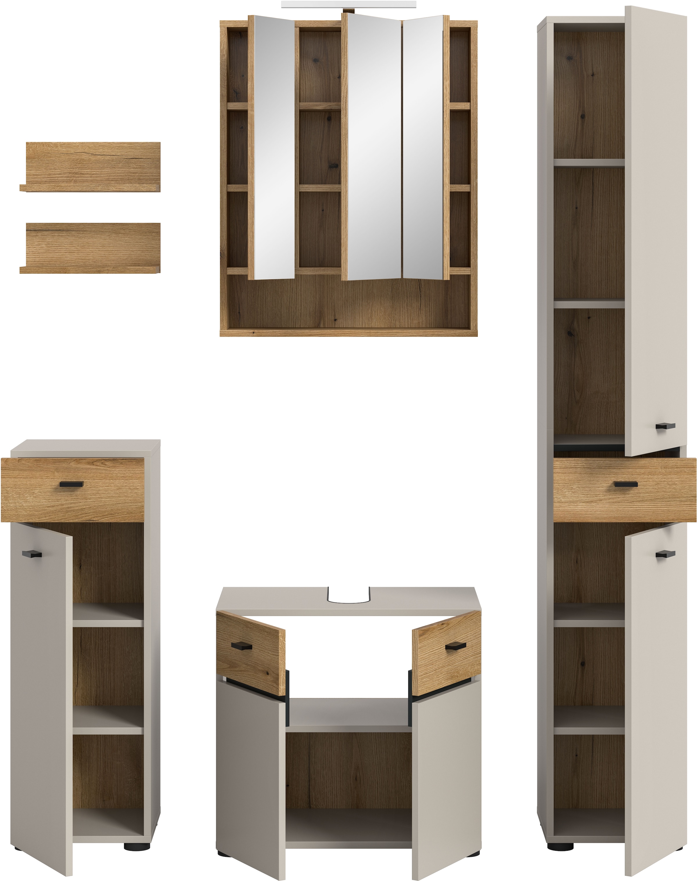 welltime Badmöbel-Set »VANN, 6-teilige moderne Badkombination, inkl. Beleuchtung« Midischrank, 2er Set Wandregal, WBU, Spiegelschrank, Hochschrank, 6 Stk. tlg.