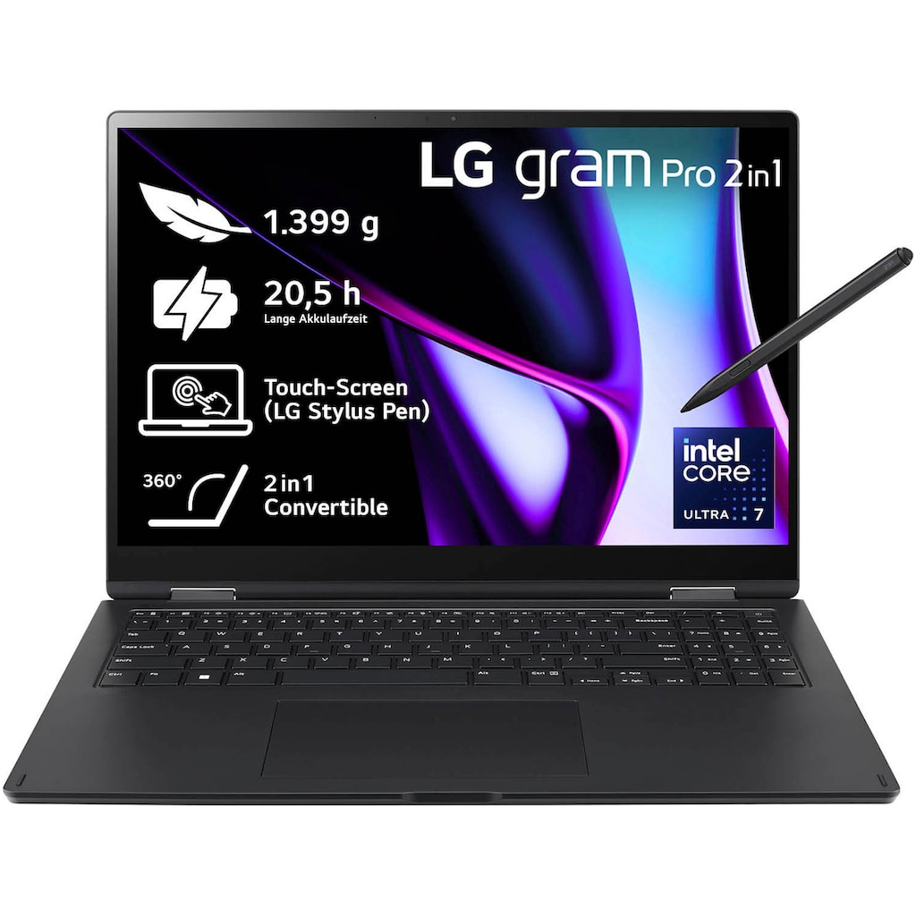 LG Convertible Notebook »Gram Pro 2in1 16" Laptop, OLED-Touchscreen, 16GB RAM, Windows 11 Home,«, 40,6 cm, / 16 Zoll, Intel, Core Ultra 7, ARC, 1000 GB SSD