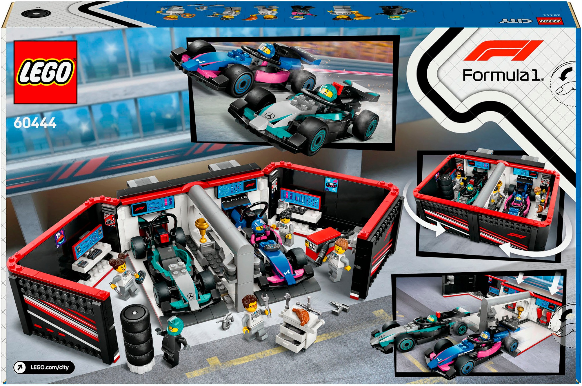 LEGO® Konstruktionsspielsteine »F1® Garage mit Mercedes-AMG & Alpine Rennautos (60444), LEGO City«, (678 St.), Made in Europe