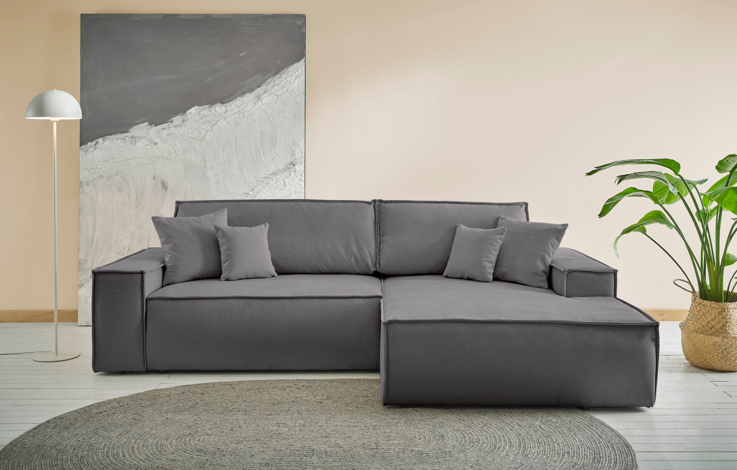 andas Ecksofa »Finnley Schlafsofa 267 cm in Bouclé u. Struktur fein, L-Form,«, Schlaffunktion m. Bettkasten (136/210 cm), Bouclé, Struktur