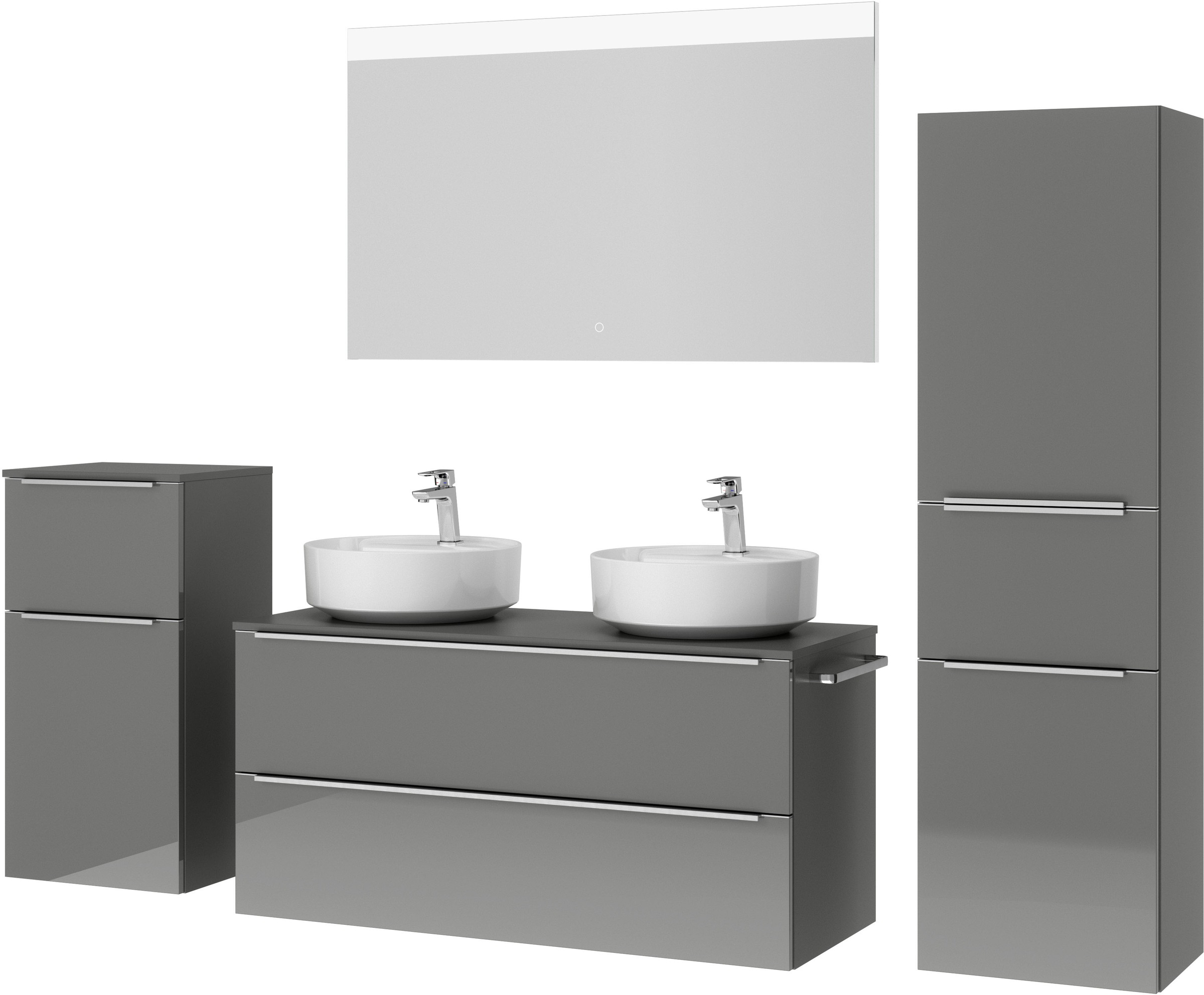nobilia® Badmöbel-Set »Alvene«, (4 St., vormontiert, mit Soft-Close), Hochglanz, inkl. Spiegel mit Touch-Sensor, in vier Breiten