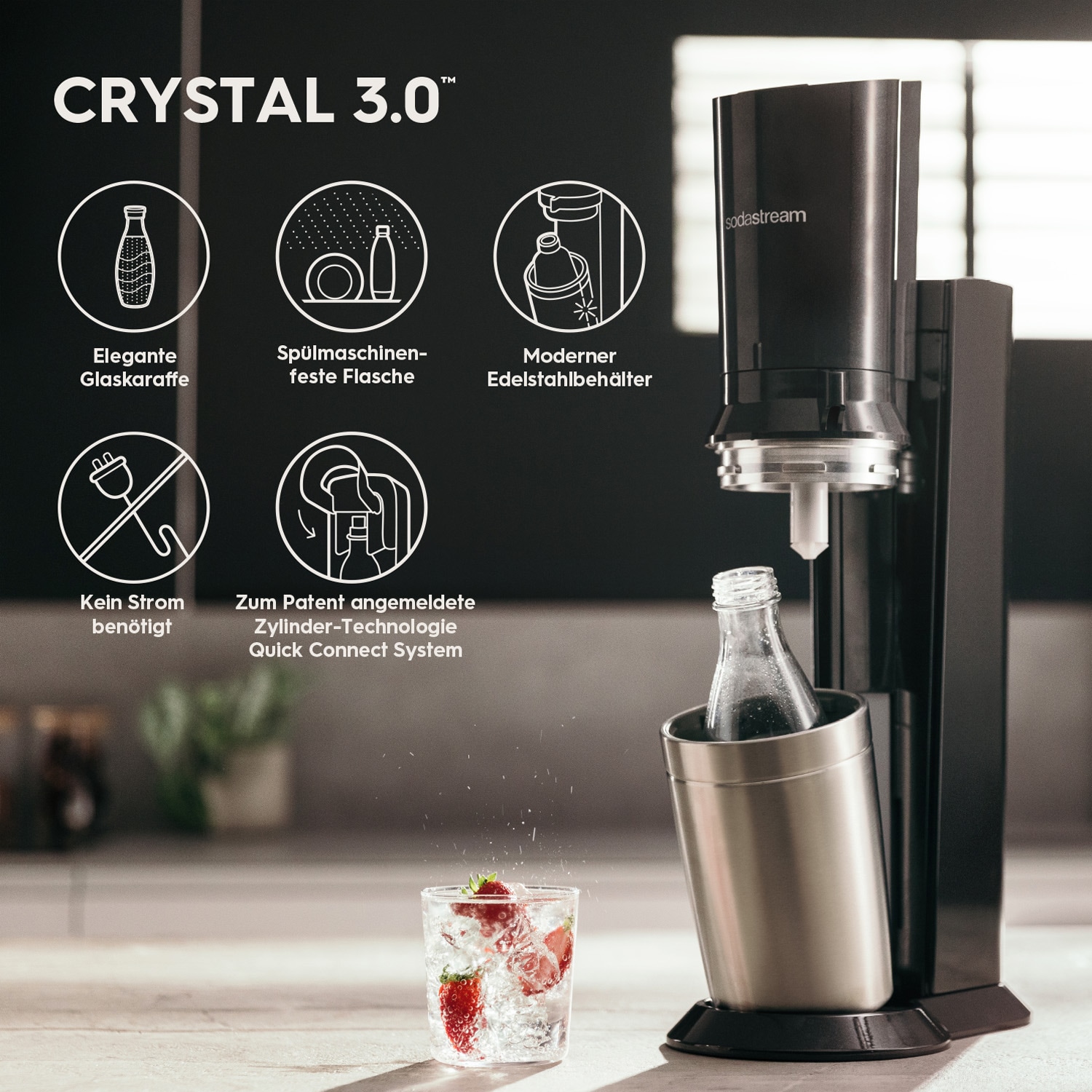 SodaStream Wassersprudler »SodaStream CRYSTAL 3.0 mit 3 Glaskaraffen, 1 CO2-Zylinder und 2 Sirups«, (Sirups: 1x Pepsi Zero Zucker, 1x Maracuja ohne Zucker), mit Quick-Connect-System