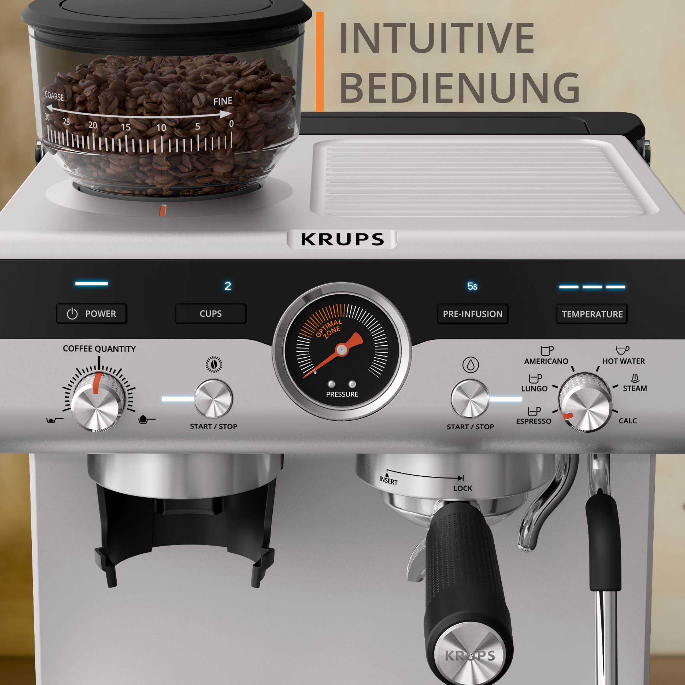 Krups Siebträgermaschine »XP801T Precision«, mit Mahlwerk, intuitive Bedienfläche, Pre-Infusion-Einstellungen