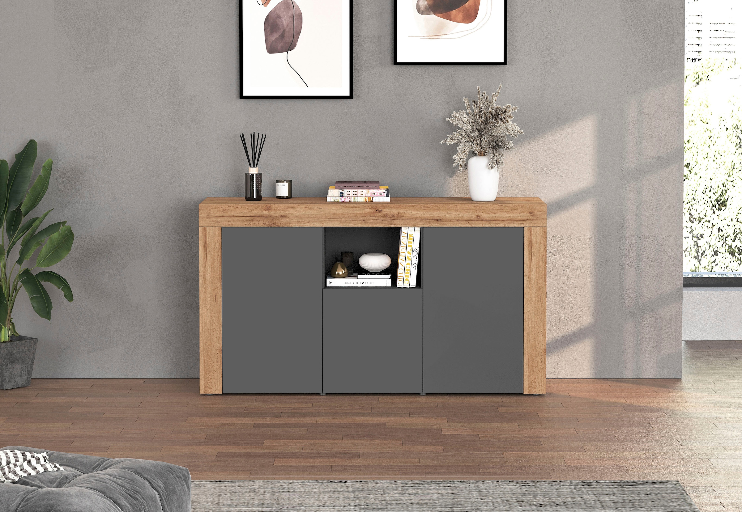 INOSIGN Sideboard »CHRONOS Breite 155 cm mit 3 Türen, 1 offenes und 6 geschlossene Fächer«, (1 St.), Sideboard,Kommode, Schrank, Grifflos mit Push to Open, Made in Italy