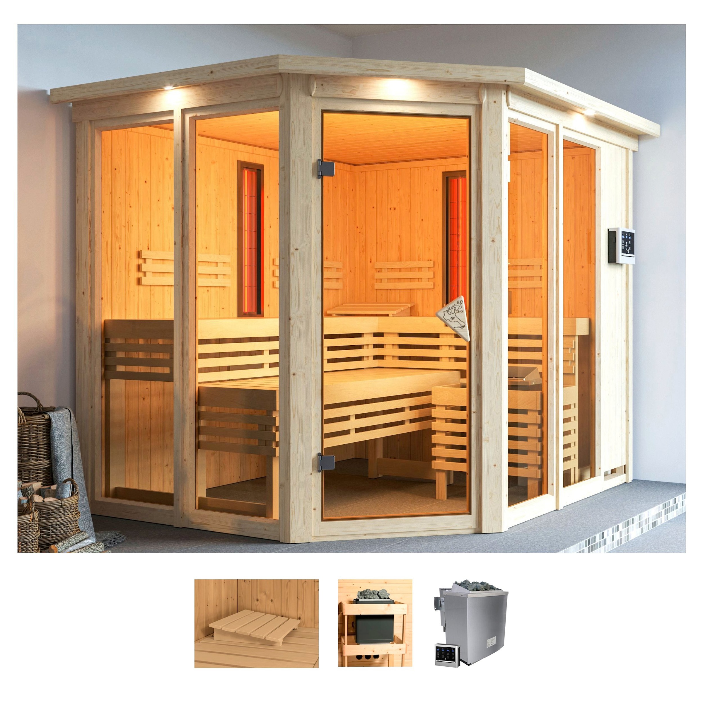 Karibu Sauna »Avril«, (Set), 9-kW-Ofen mit externer Steuerung günstig online kaufen