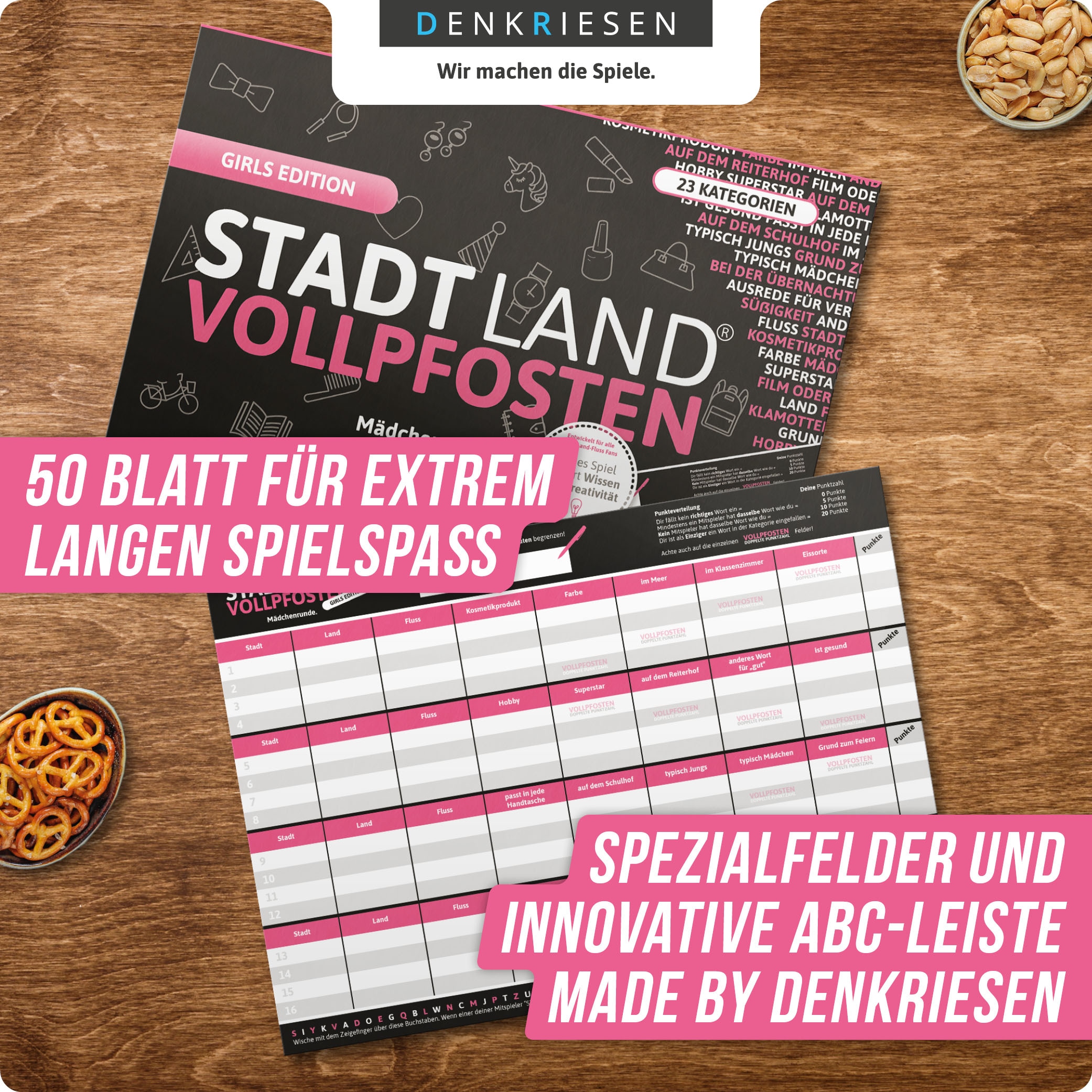 Denkriesen Spiel »Stadt Land Vollpfosten, Girls Edition Mädchenrunde A4 Block« Made in Germany